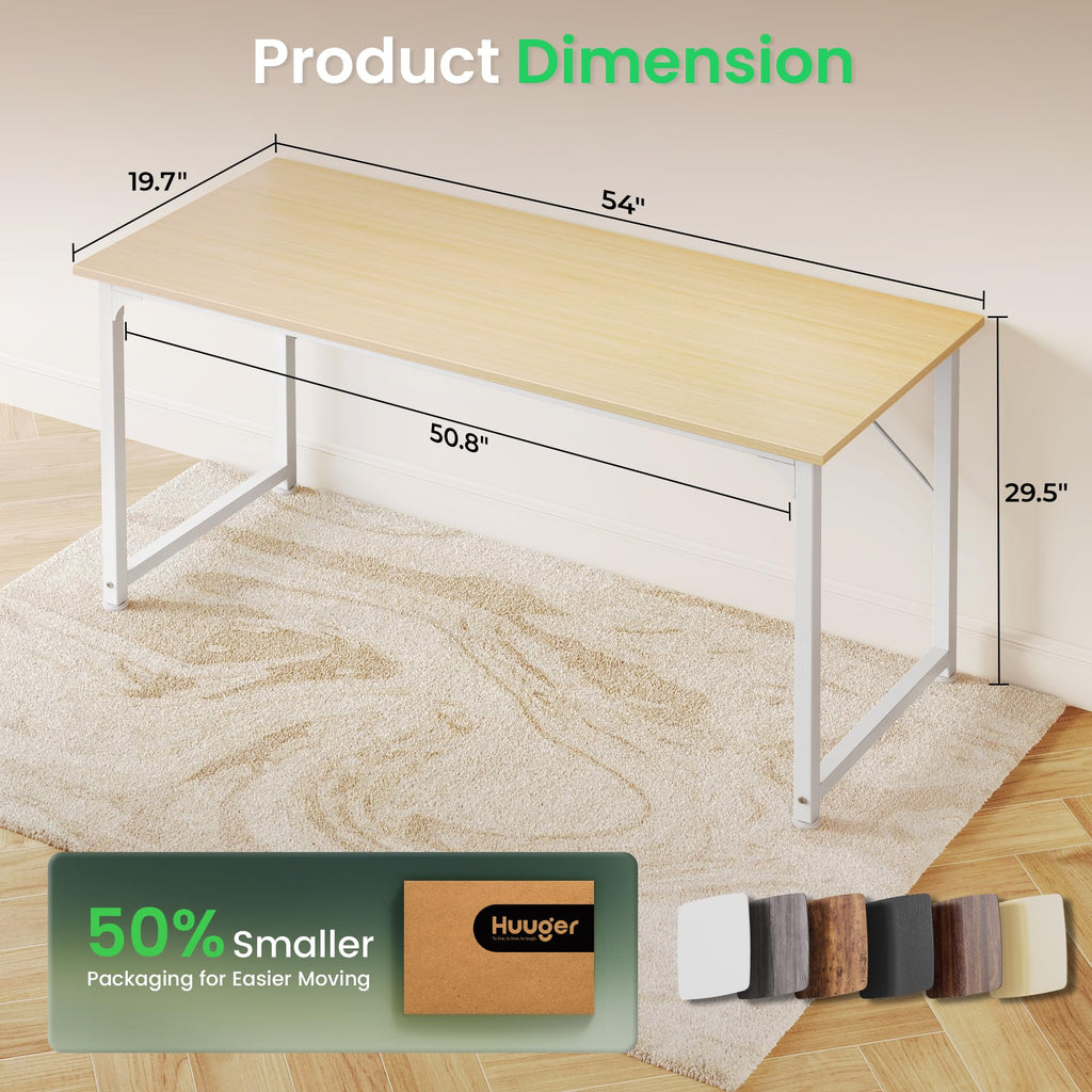 Computer Desk, 54 Inch Office Desk, Gaming Desk with Storage, Writing Desk Work Desk for Home Office, Study, Modern Simple Desk, Large Legroom, Metal Frame, Maple