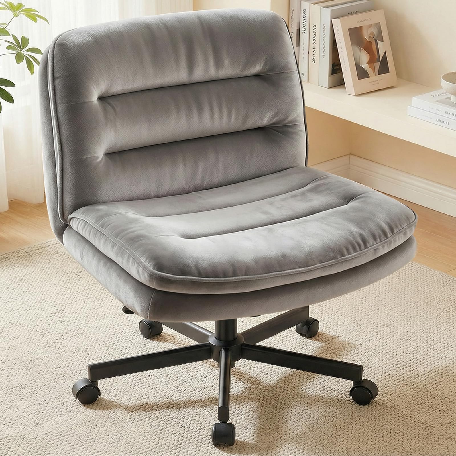 Criss Cross Office Chair with Wheels Armless Desk Chair Comfy, Modern Vanity Chair for Home Bedroom, Comfortable Wide Seat for Lower Back Pain Relief, Soft Velvet, Gray