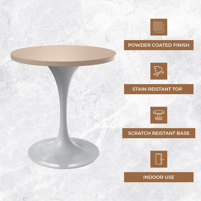 Mid-Century Modern 27 Inch Round Dining Table, MDF Wood Tabletop with White Steel Pedestal Base, Contemporary Kitchen & Dining Room, Small Space Breakfast Table, Light Natural Wood