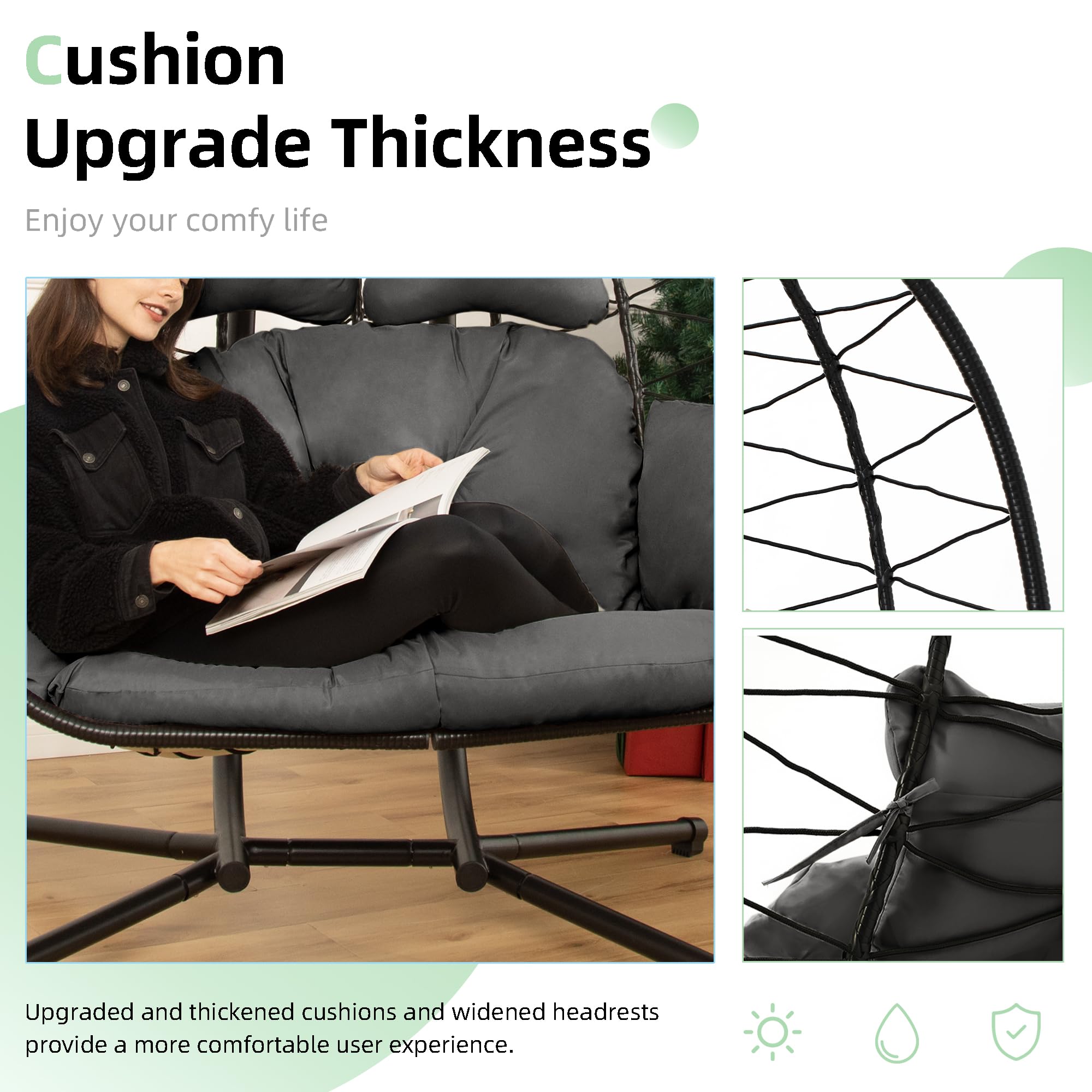 Double Egg Chair with Stand Hammock Swing Chair Foldable Hanging Loveseat, UV Resistant Removable Cushions, 700LBS Capacity for Bedroom, Balcony, Garden(BK-GR)