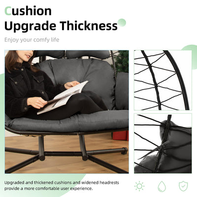 Double Egg Chair with Stand Hammock Swing Chair Foldable Hanging Loveseat, UV Resistant Removable Cushions, 700LBS Capacity for Bedroom, Balcony, Garden(BK-GR)