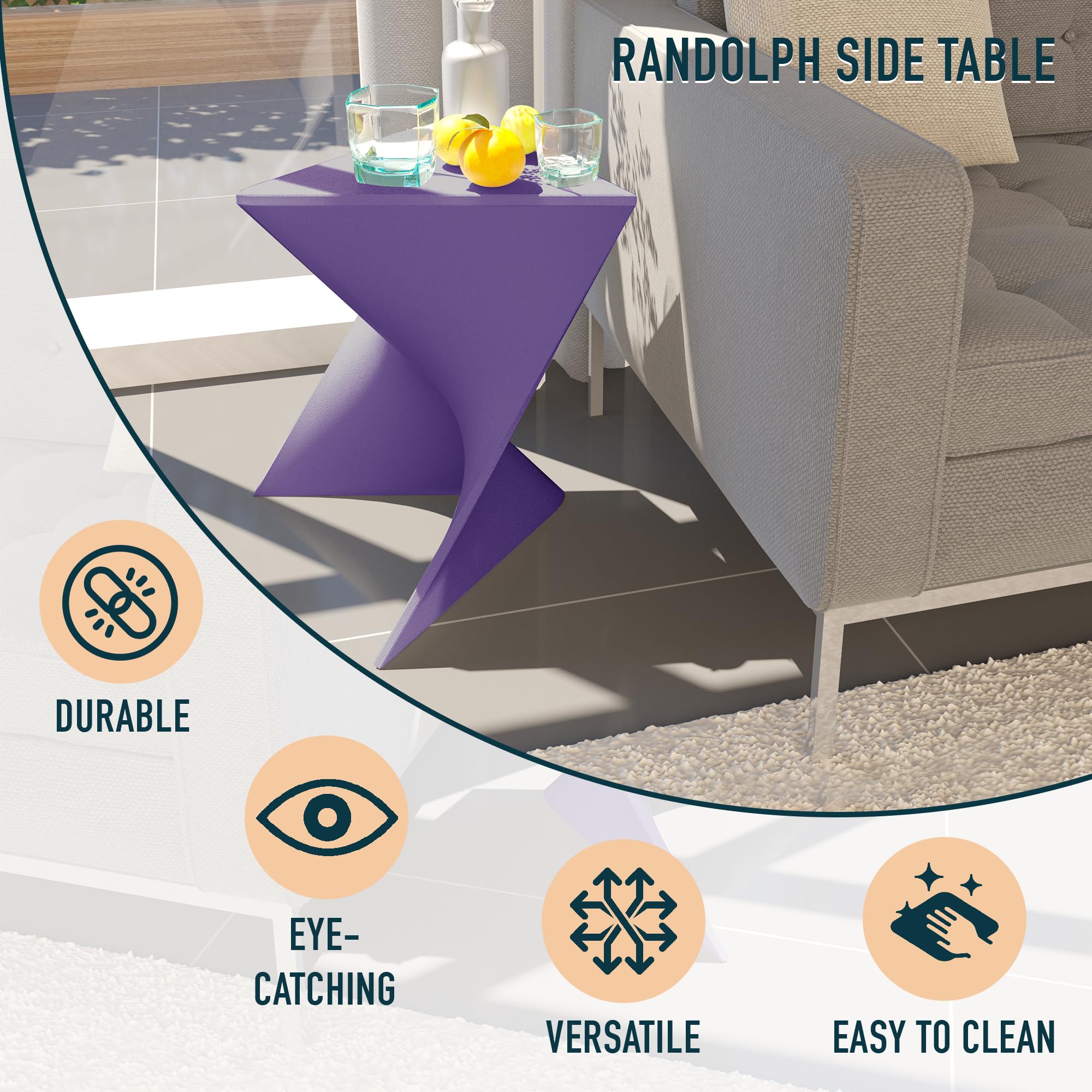 15.75" Triangular Side Table, Stackable Plastic Accent End Table for Indoor & Outdoor Use, Weather-Resistant Modern Patio & Living Room Table, Set of 2, Purple