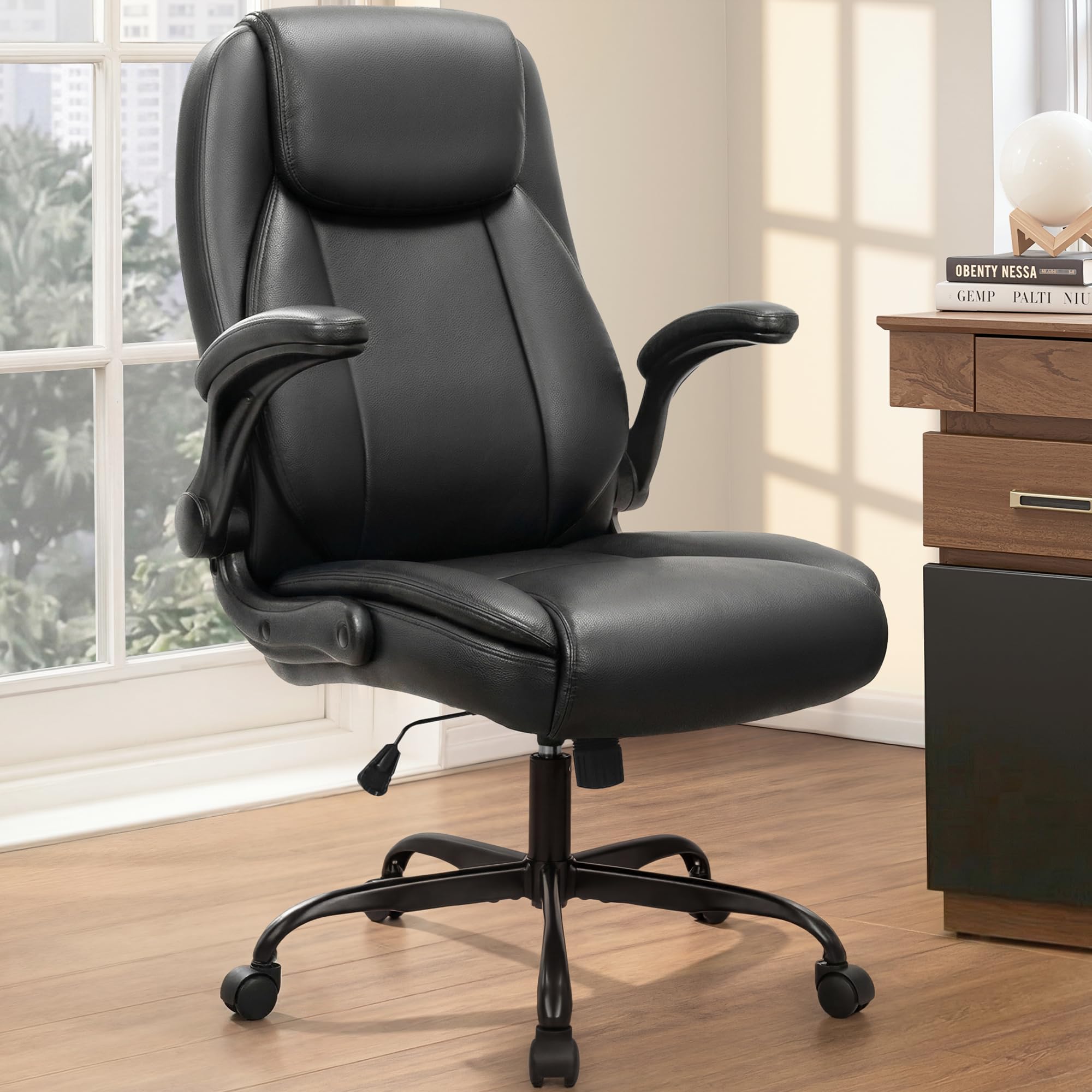 Office Desk Gaming Computer Home Chair Ergonomic Executive High Back Support Flip-up Arms Adjustable Height Swivel Rolling Wheels Comfy PU Leather (Black)
