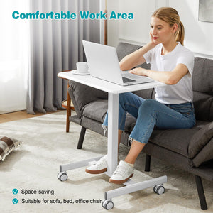 Small Rolling Desk Mobile Standing Portable Laptop PC Table with Wheels Adjustable Height Computer Workstation for Home Office, Space Saving Desk for Bedroom Study Use, White