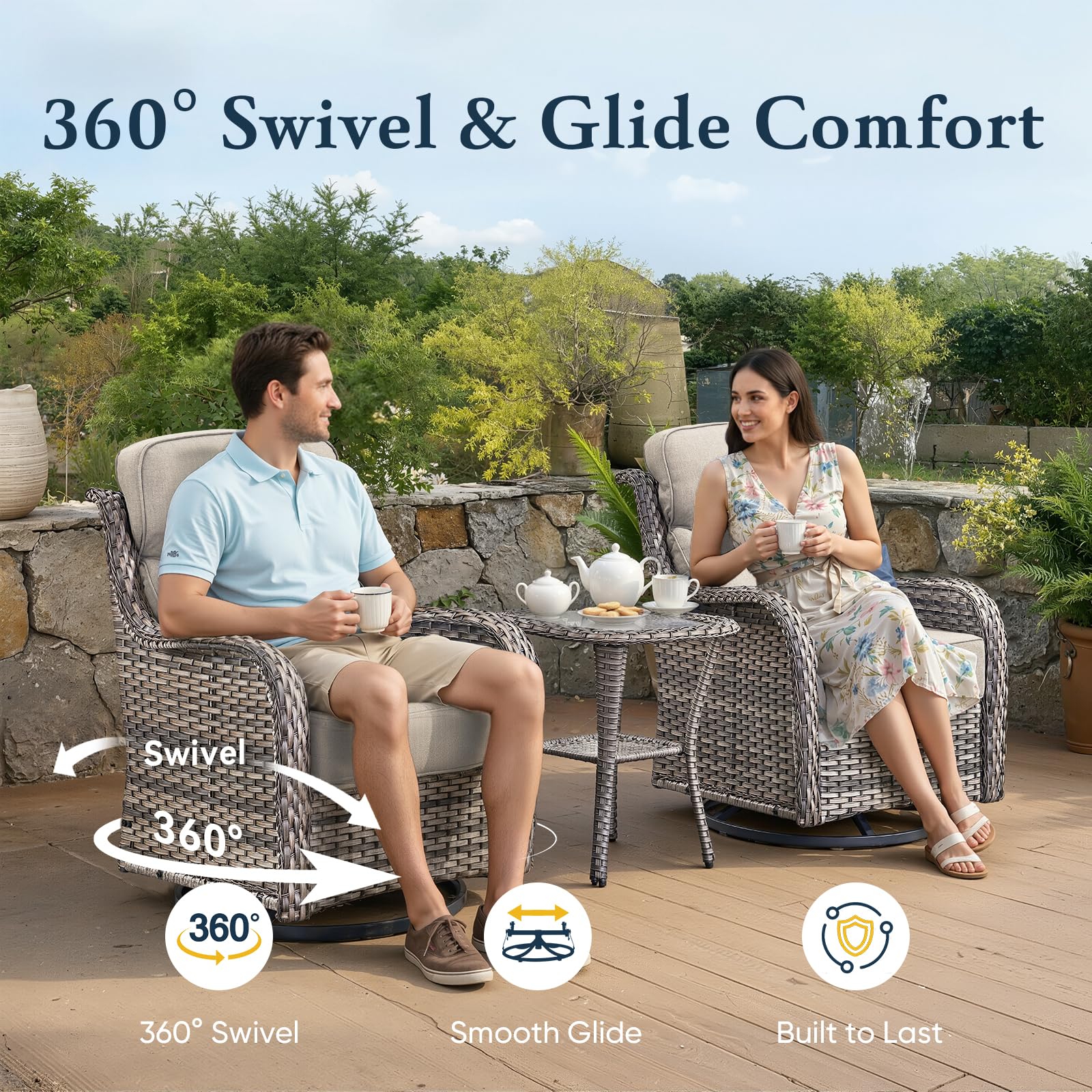 Luxury 6" Thick Cushioned Outdoor Swivel Rocker Patio Chairs with Side Table, High Back Wicker Furniture Set with Ergonomic Zone Back, Conversation Glider Set for Deck Porch - Grey+Beige