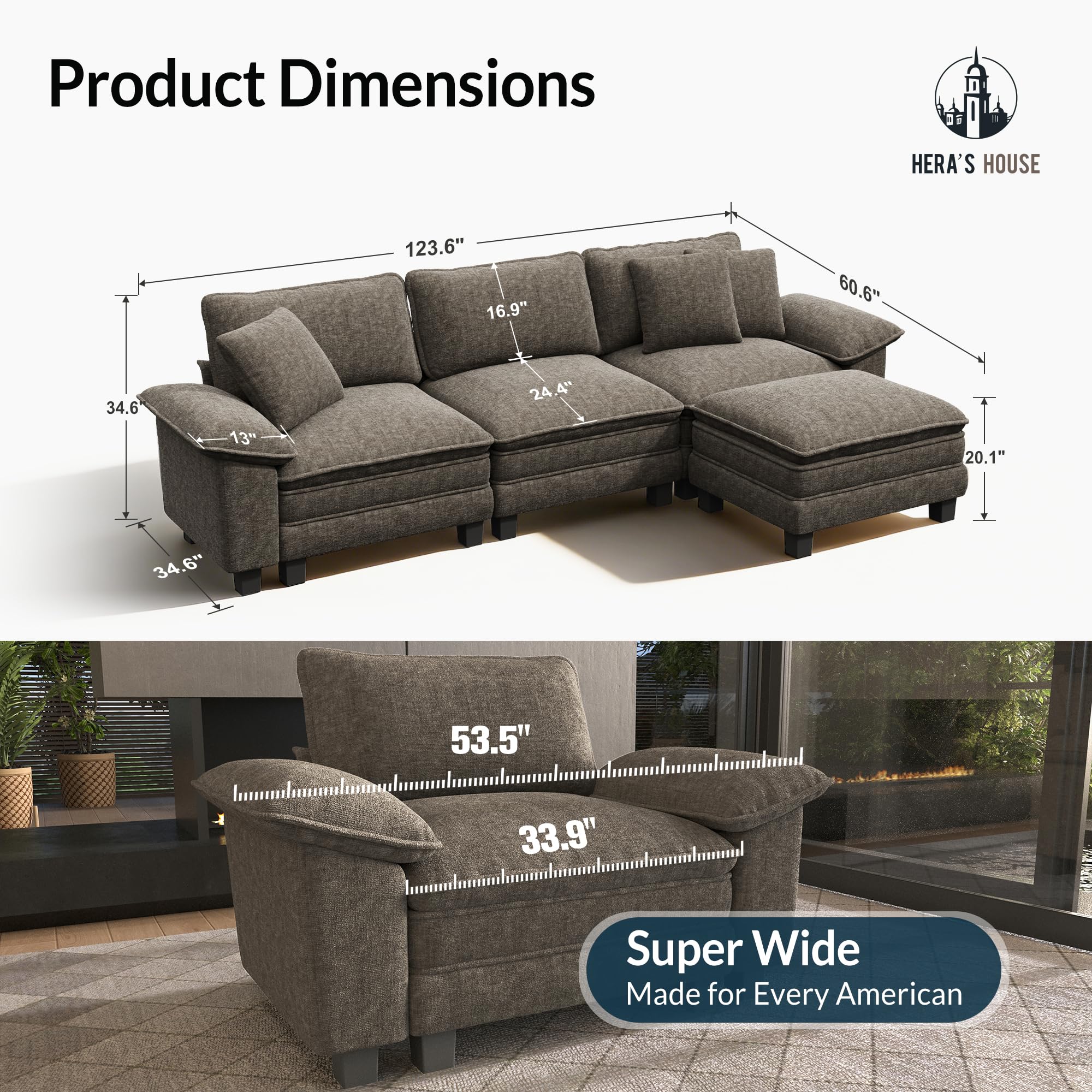124" Modular Sectional Sofa, Oversized L Shaped Couches for Living Room, Comfy Cloud Couch with Ottoman, 4-Seater Deep Seat Sofa with Throw Pillow, Chenille Ash