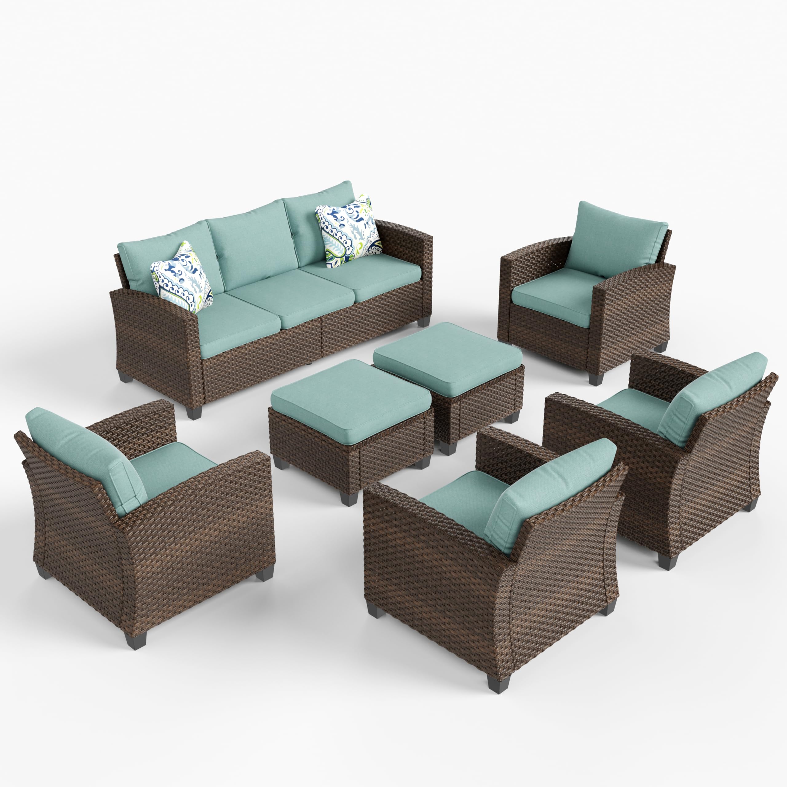 Outdoor Patio Furniture Set, 7 Pieces Wicker Patio Conversation Sets, Outside Sectional Deep Seating Sofa Set for Lawn Backyard Porch, Brown/Blue