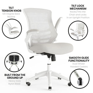 Mid-Back Swivel Office Chair with Adjustable Lumbar Support and Seat Height, Ergonomic Mesh Desk Chair with Flip-Up Armrests, Gray/White