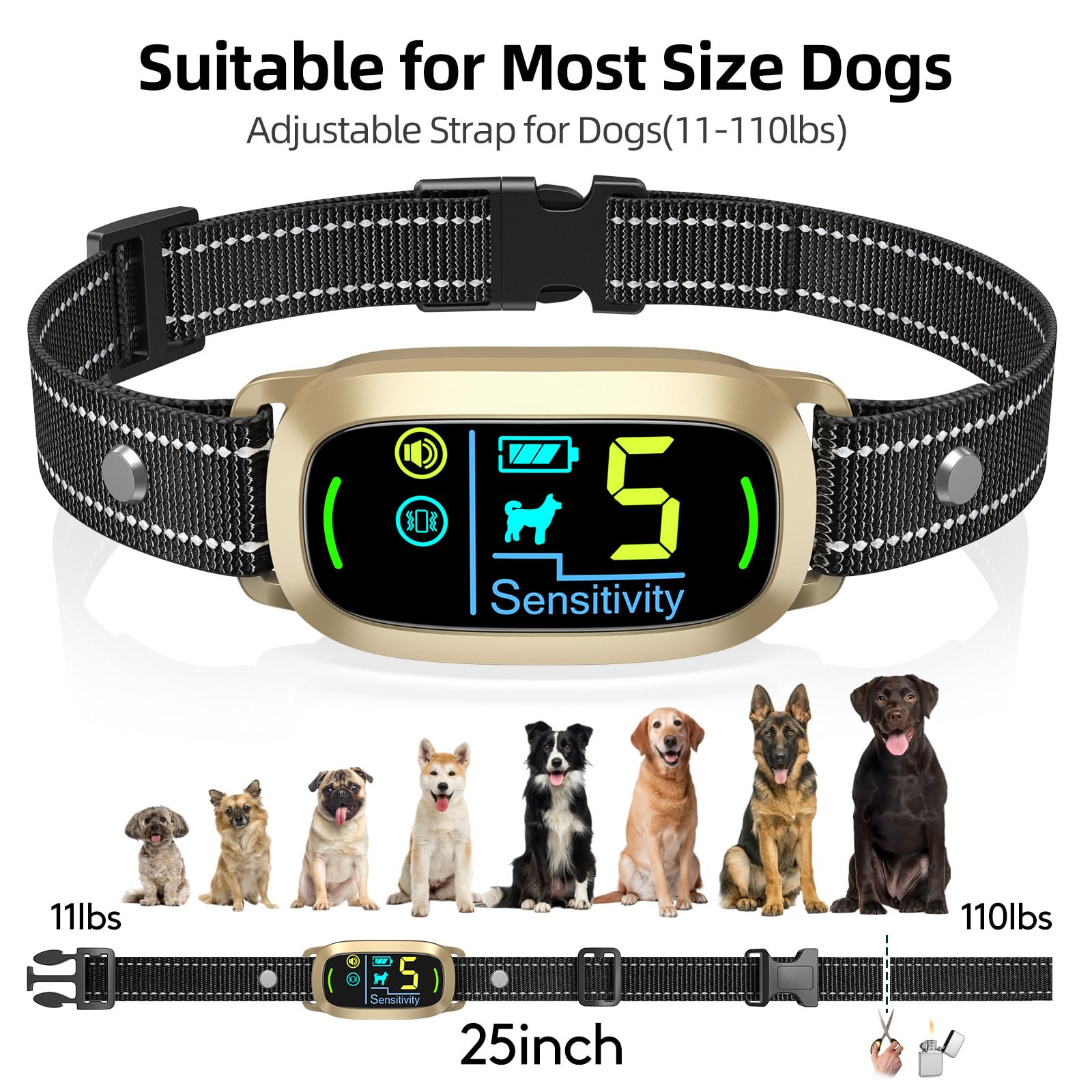 Dog Bark Collar for Large Medium Small Dogs, Rechargeable Smart Bark Collar, Anti Barking Training Collar with 5 Adjustable Sensitivity Beep Vibration (Gold)