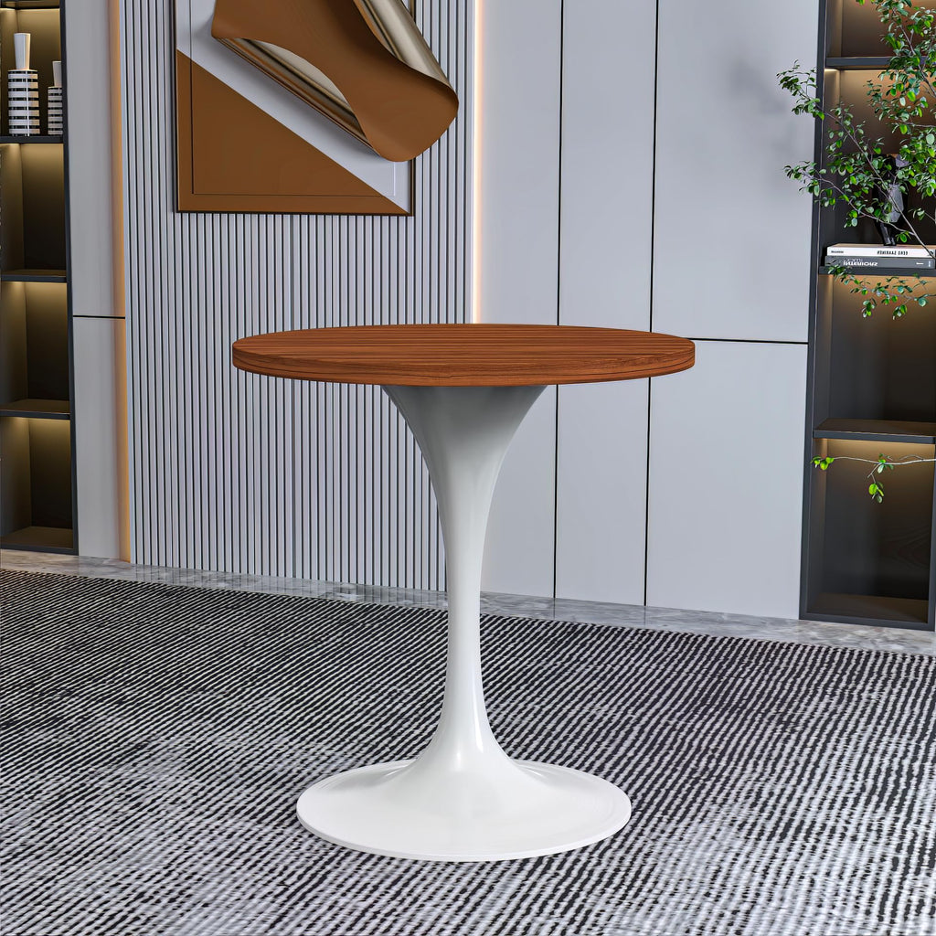 Mid-Century Modern 27 Inch Round Dining Table, MDF Wood Tabletop with White Steel Pedestal Base, Contemporary Kitchen & Dining Room, Small Space Breakfast Table, Cognac Brown