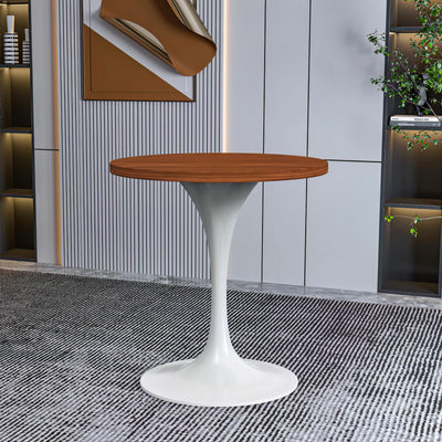 Mid-Century Modern 27 Inch Round Dining Table, MDF Wood Tabletop with White Steel Pedestal Base, Contemporary Kitchen & Dining Room, Small Space Breakfast Table, Cognac Brown