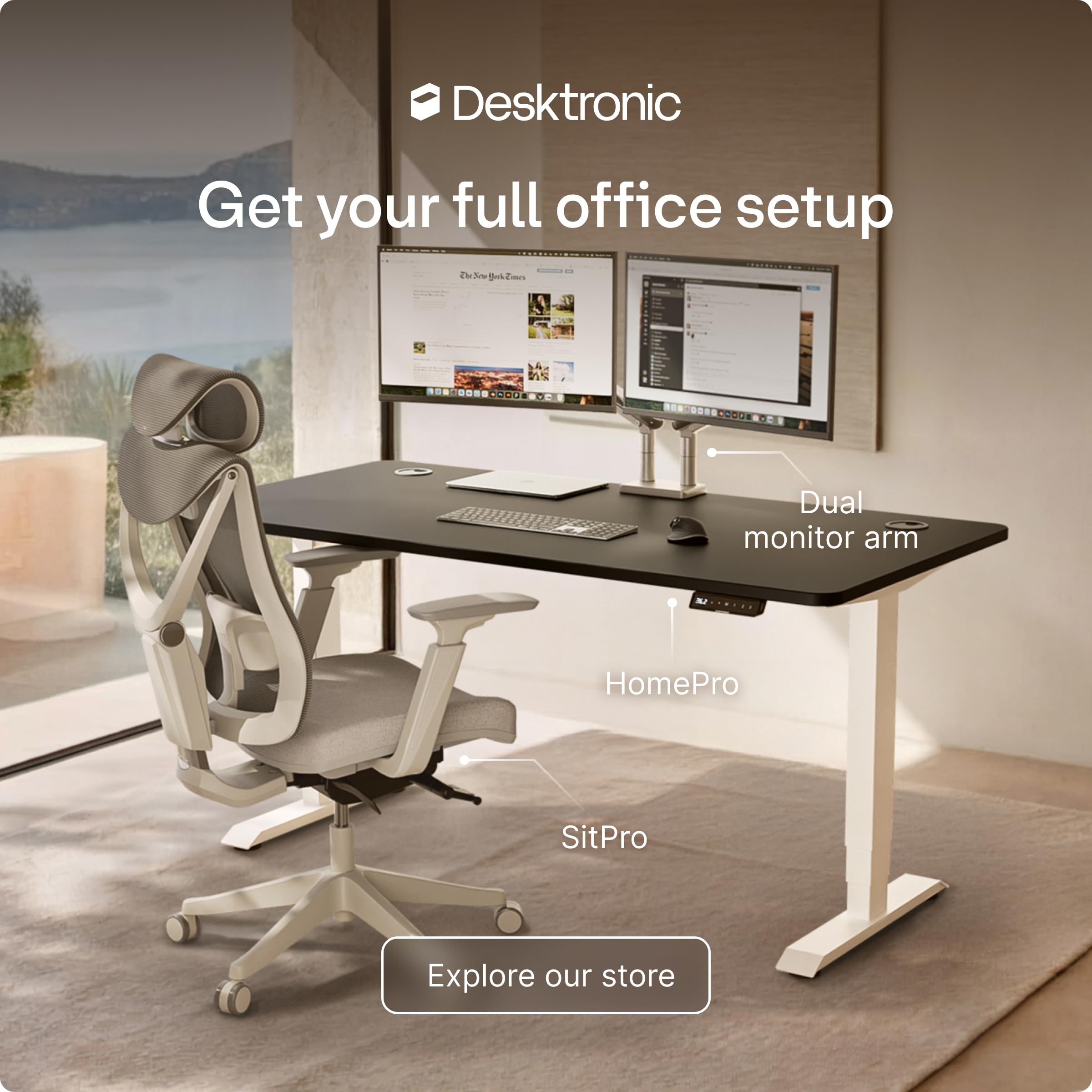 HomePro Standing Desk 70x30 — Made in Europe, Ergonomic Sit Stand Home Office Desk, Electric Height Adjustable, Dual Motor, USB & USB-C Charging, Wobble-Free, Touchscreen, 3 Memory Presets