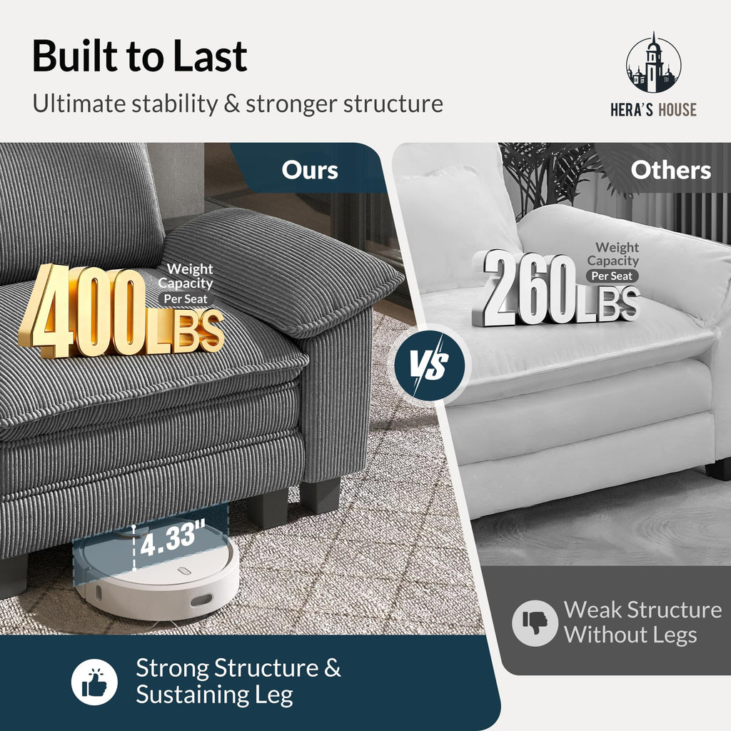 158" Modular Sectional Sofa, Oversized L Shaped Couches for Living Room, Comfy Cloud Couch with Ottoman, 5-Seater Deep Seat Sofa with Throw Pillow, Corduroy Grey