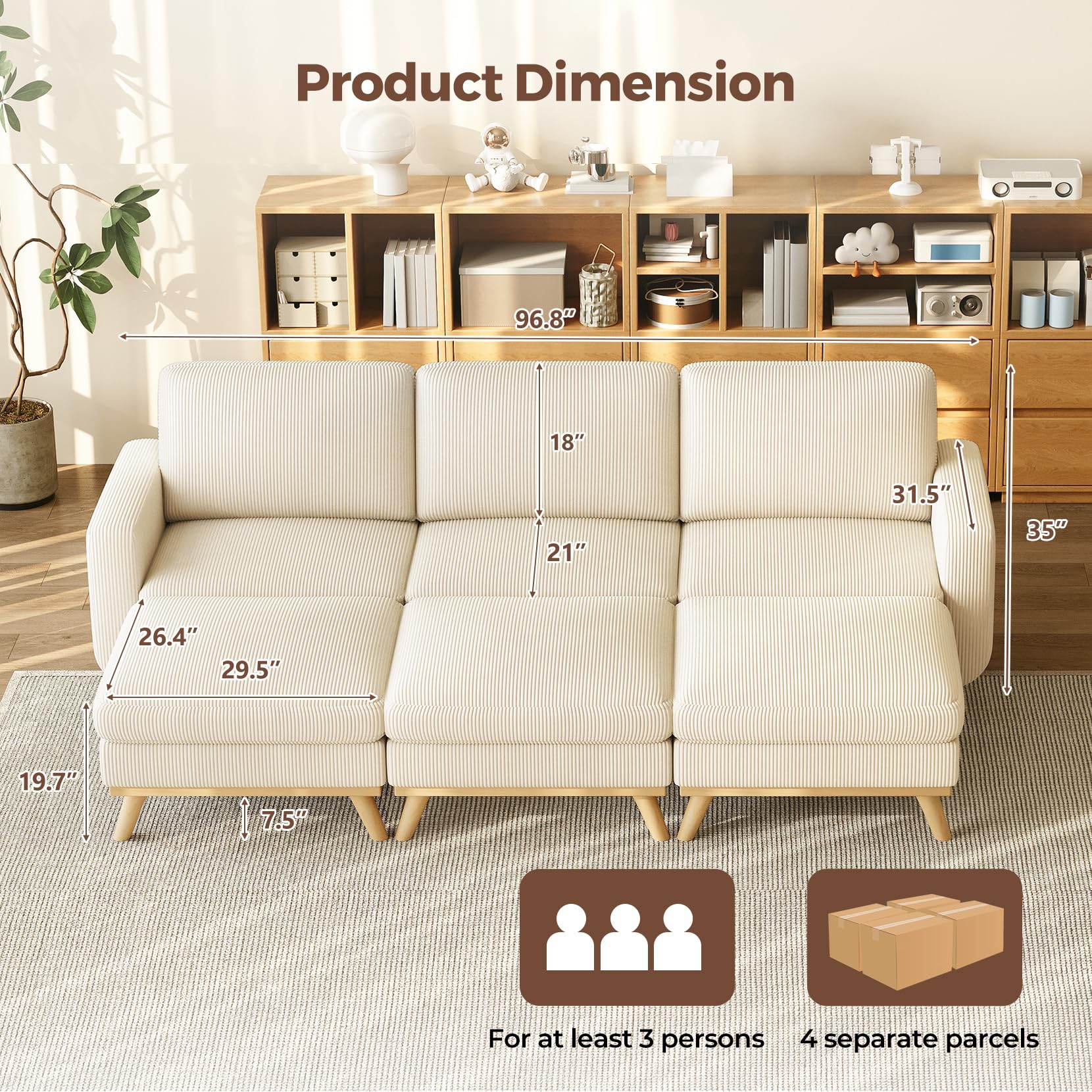 97" Modular Sectional Sofa Beige, Sectional Couch with Movable Ottoman, Comfy Corduroy Couch with Spring Cushion, Modular Sofa with Deep Seat for Living Room, Bedroom and Apartment