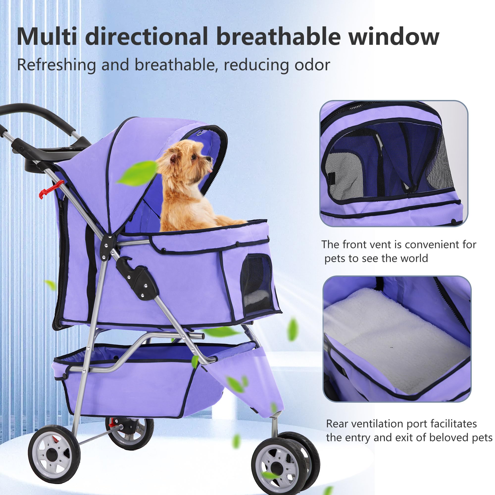 Pet Stroller 3-Wheel Durable Foldable Cat Dog Stroller with Washable Liner Storage Basket Cup Holder,Purple