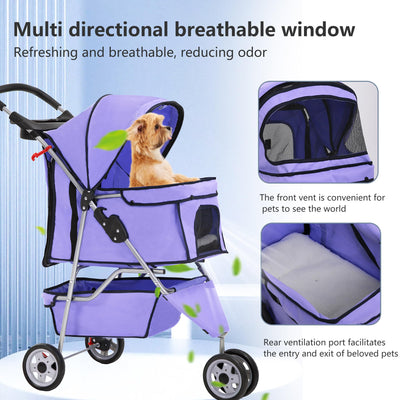Pet Stroller 3-Wheel Durable Foldable Cat Dog Stroller with Washable Liner Storage Basket Cup Holder,Purple