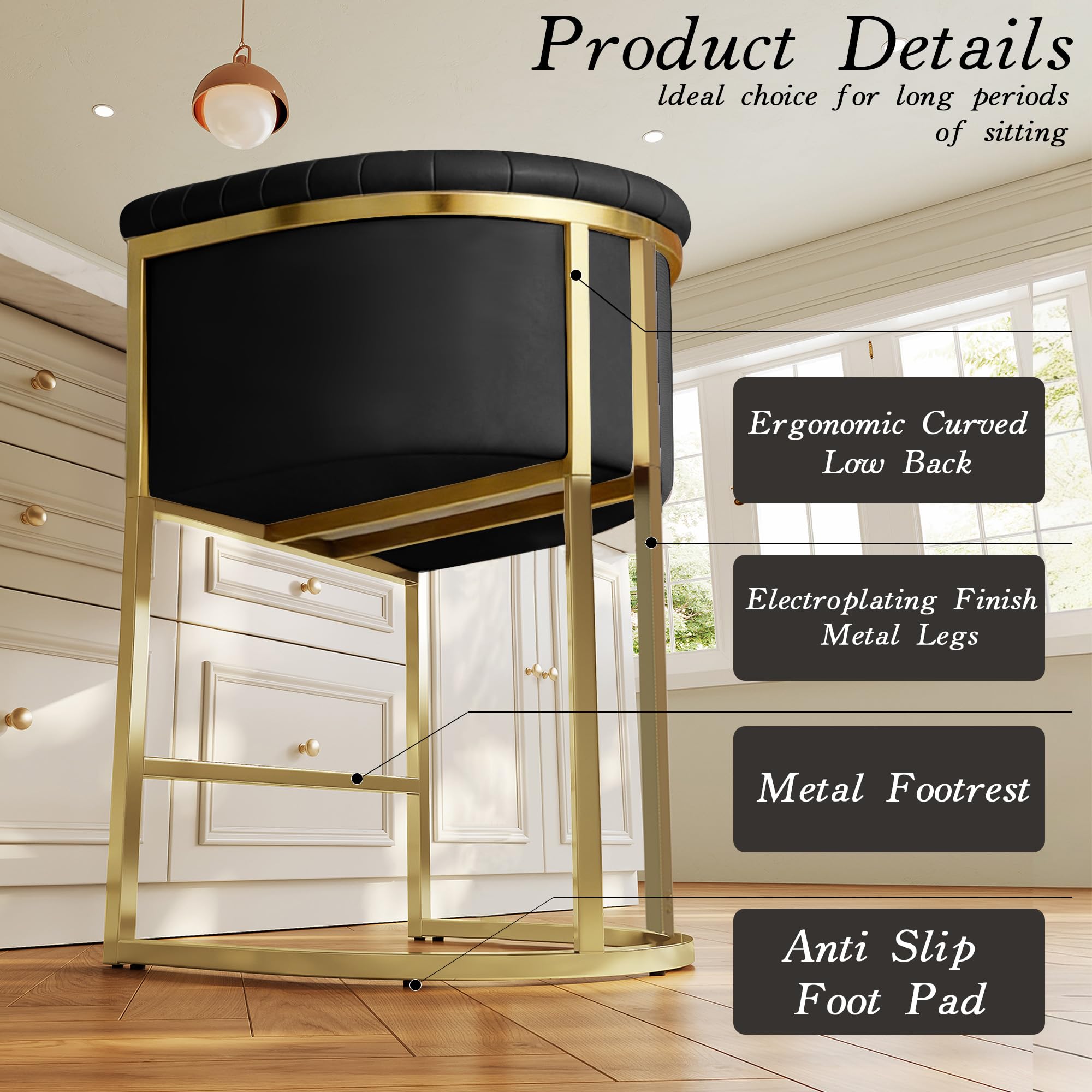 Modern Counter Height Bar Stools,Bar Stools Set of 3,PU Leather Upholstered Barrel Barstools with Backs and Arms,26'' Kitchen Island Chairs,Mirror Champagne Gold Base,Ink Black Leather