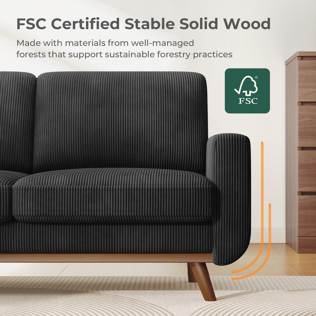 68" Loveseat Sofa Black, Comfy Corduroy Couch with Spring Cushion and Solid Wood, Modern Extra Deep Seat for Bedroom, Living Room, Office
