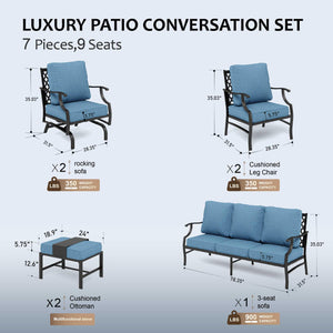 7 Piece Patio Furniture Set, 2 x Rocking Chair, 2 x Fixed Chair, 2 x Ottoman, 1 x 3-Seat Sofa, All Cushioned 9 Seats Metal Outdoor Conversation Set for Lawn Garden Backyard