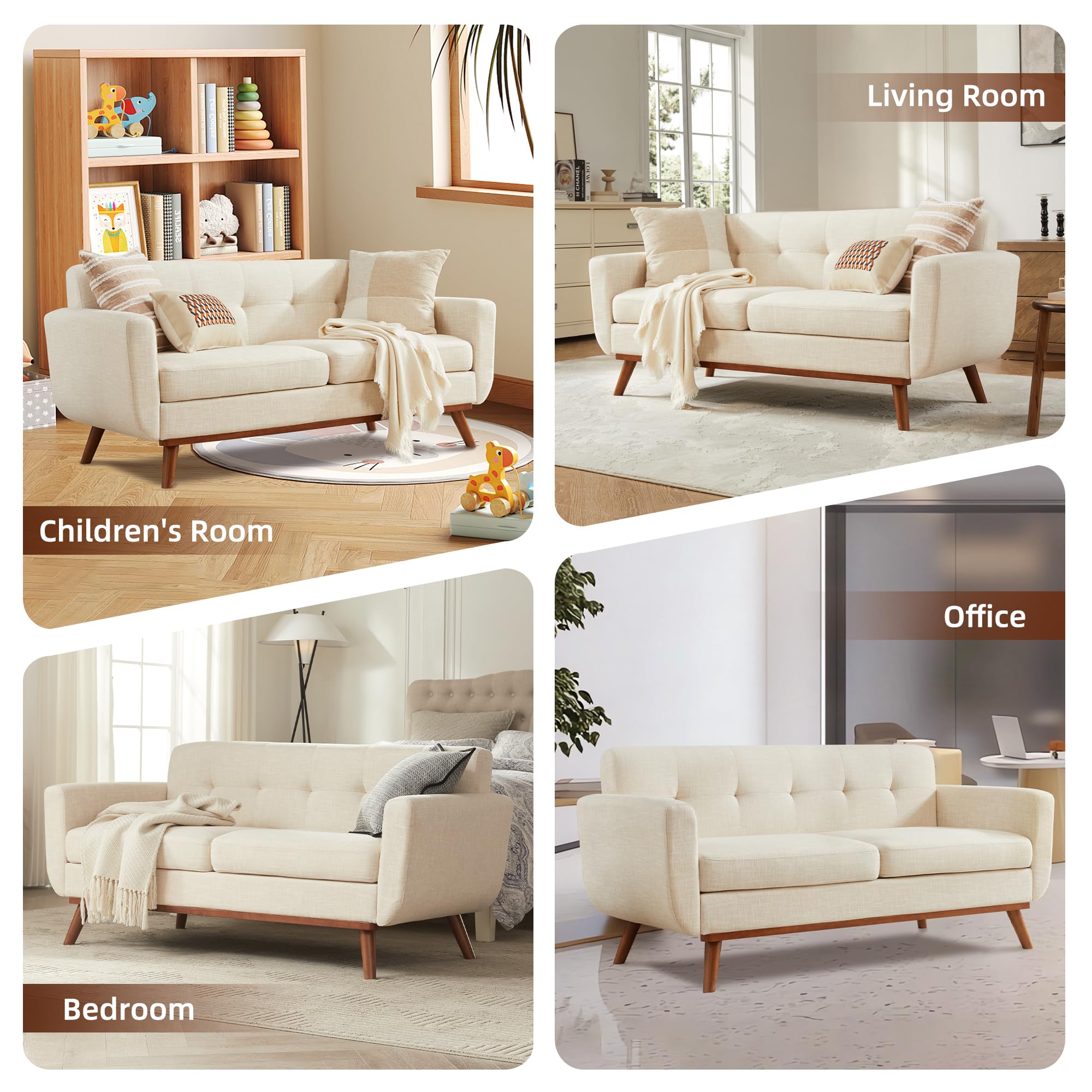 65.2" W Loveseat Sofa, Mid Century Modern Decor Love Seat Couches for Living Room, Button Tufted Upholstered Furniture, Easy to Install Small Couch for Bedroom Office Apartment, Cream White