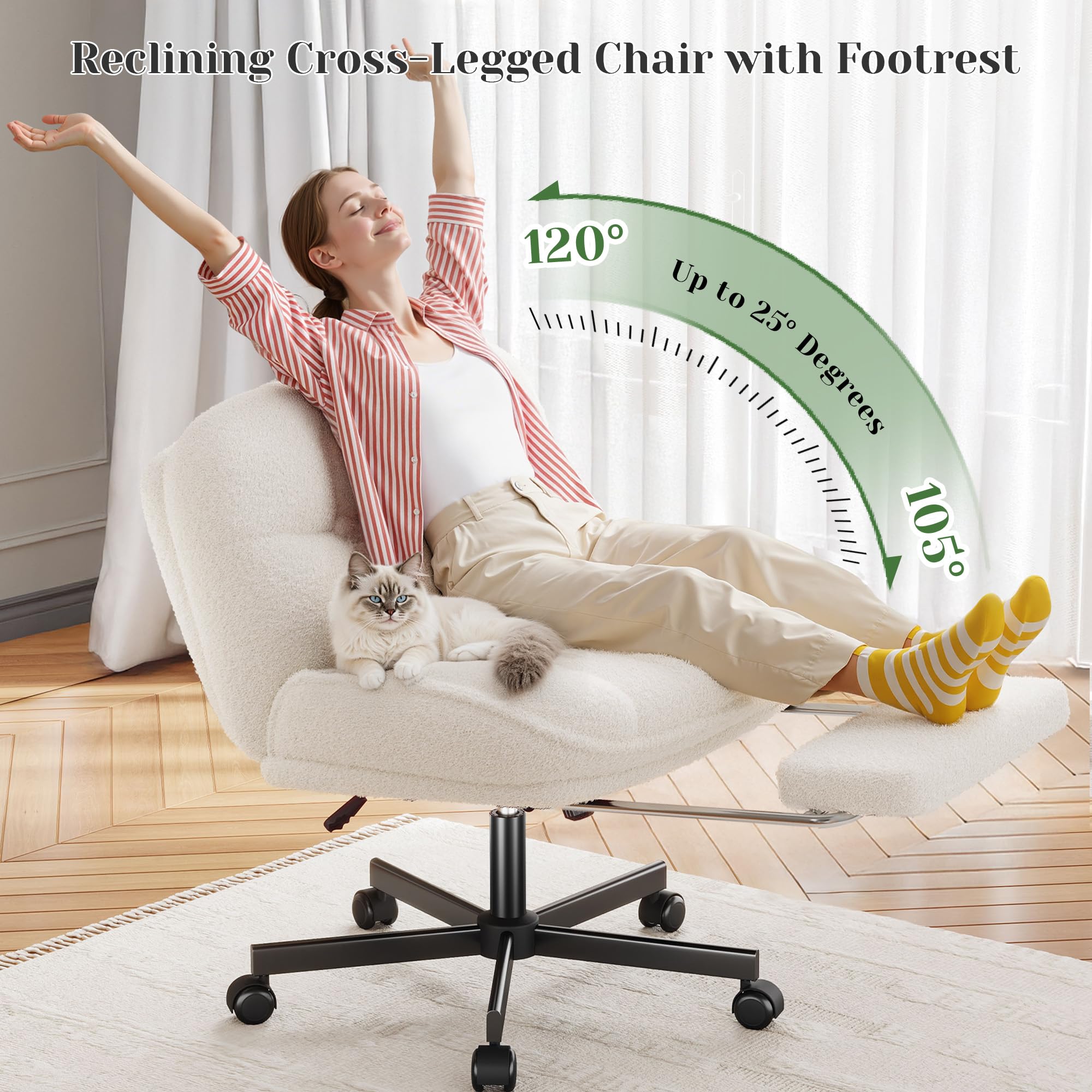 Cross Legged Office Chair with Foot Rest, 6.3" Thick Cushioned Criss Cross Chair with Wheels, Height Adjustable Swivel Vanity Chair for All-Day Comfort (White)