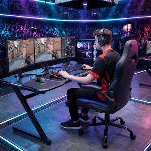 Computer Video Game Desk Chair - Ergonomic Comfy Lumbar Support, PU Leather with Flip-up Armrest, Height Adjustable and 360° Swivel, for Adults, Black Blue