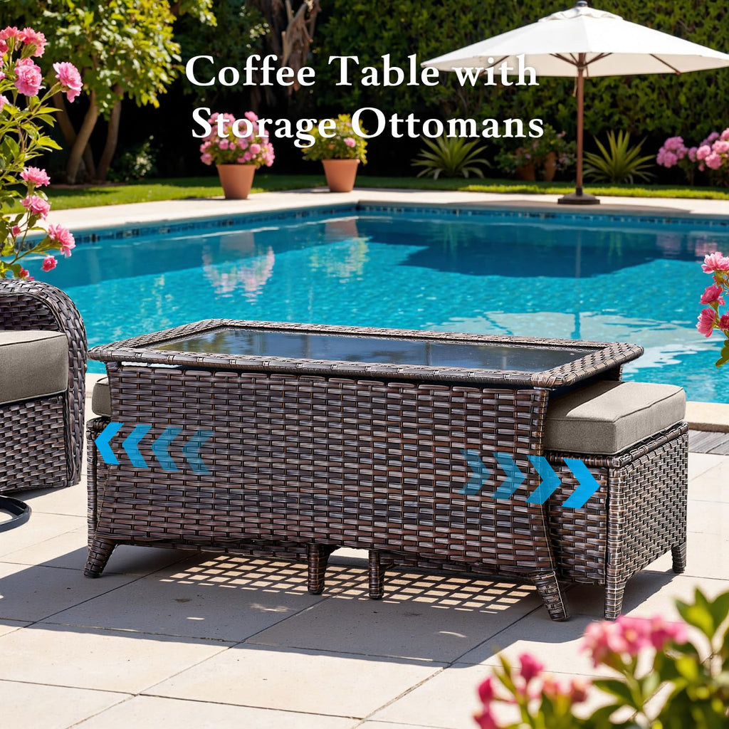 Luxury 6" Thick Cushioned 7 Pieces Patio Furniture Set with Fire Pit Table, Wicker Outdoor Conversation Set with High Back Swivel Rocker Chairs for Deck Porch Yard and Poolside - Brown+Grey