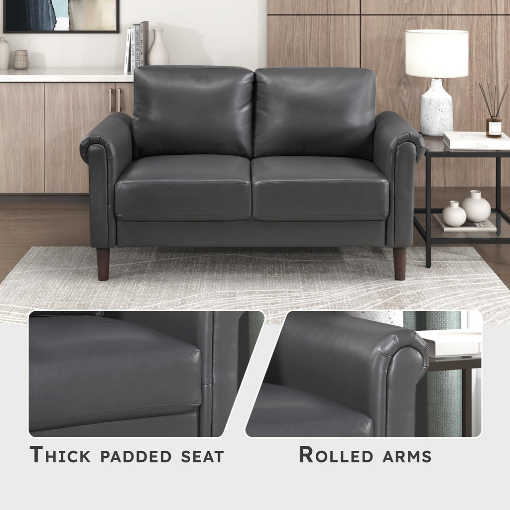 57" W Loveseat, Faux Leather Upholstered Couch, Loveseat with Rolled Armrest for Bedroom/Office/Waiting Room, 2 Seater Couch, Dark Gray