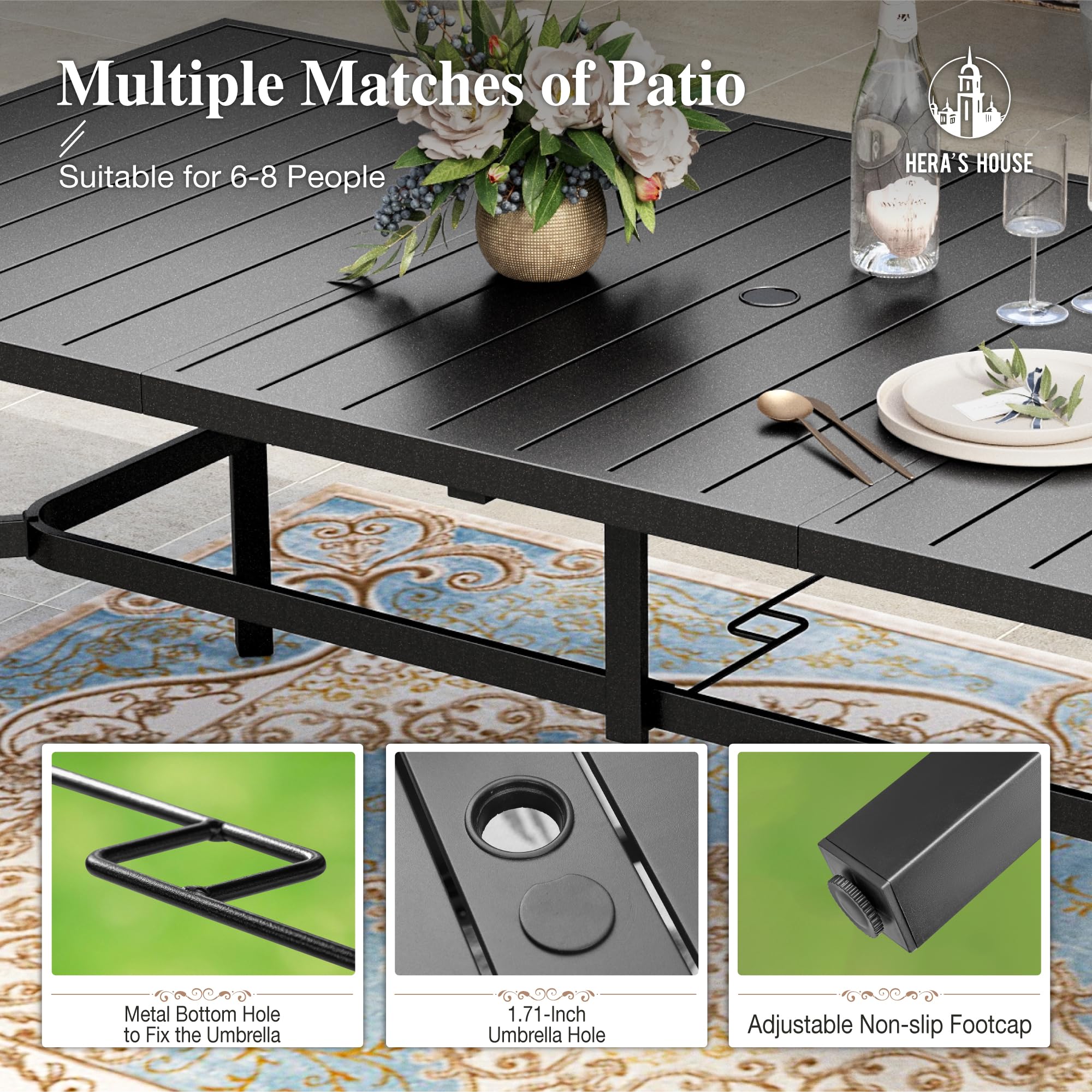 9 Pieces Outdoor Dining Set, Patio Table and Chairs Set for 8, 8 x Textilene Chairs and 1 x Large Rectangle Metal Table with Umbrella Hole for Deck Garden Backyard Lawn Poolside