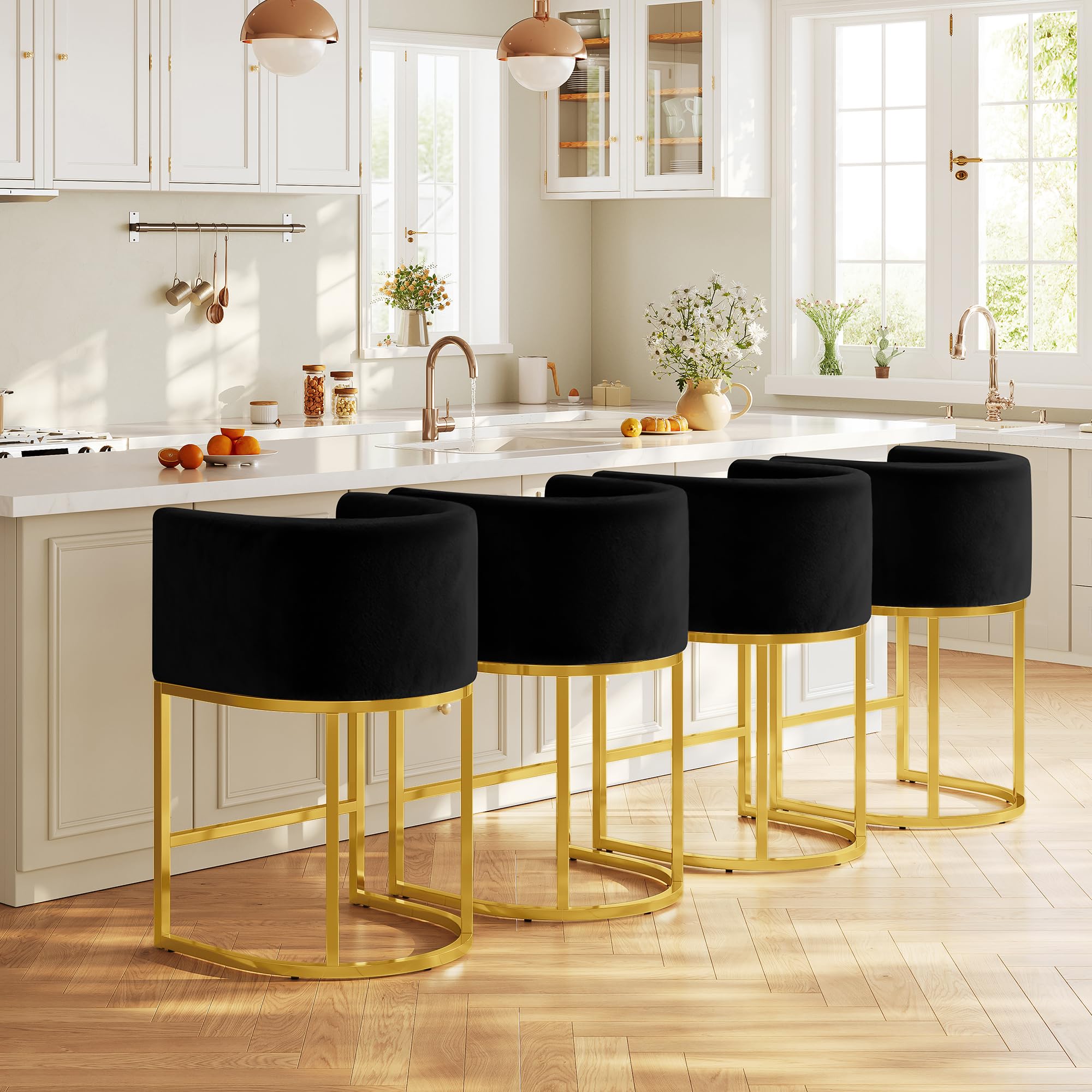 Modern Counter Height Bar Stools,Bar Stools Set of 4,Velvet Fabric Upholstered Barrel Barstools with Backs,24'' Kitchen Island Chairs,Metal Gold Frames,Ink Black Velvet