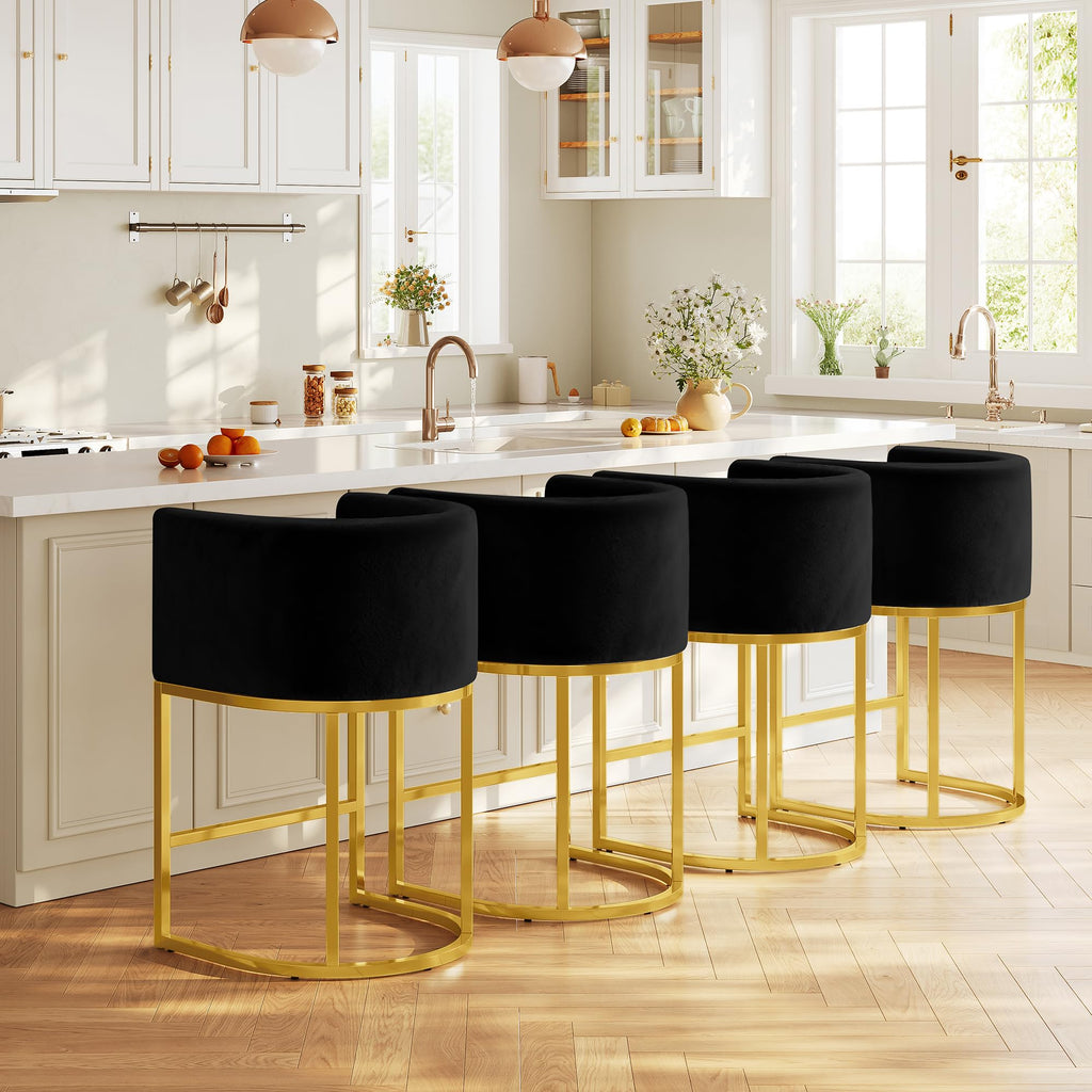 Modern Counter Height Bar Stools,Bar Stools Set of 4,Velvet Fabric Upholstered Barrel Barstools with Backs,24'' Kitchen Island Chairs,Metal Gold Frames,Ink Black Velvet
