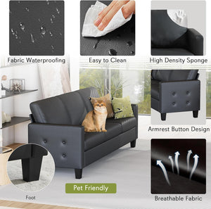73” Black Faux Leather Couch, Modern Comfy Office 3 Seater Sofa Couch with Tufted Armrest and USB, Small Loveseat Couches for Living Room, Apartment, Bedroom