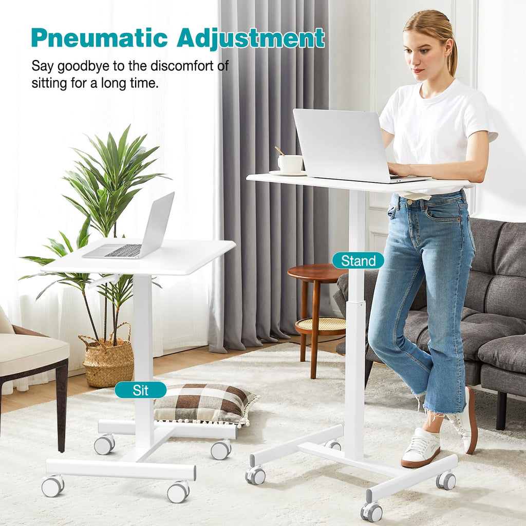 Small Rolling Desk Mobile Standing Portable Laptop PC Table with Wheels Adjustable Height Computer Workstation for Home Office, Space Saving Desk for Bedroom Study Use, White