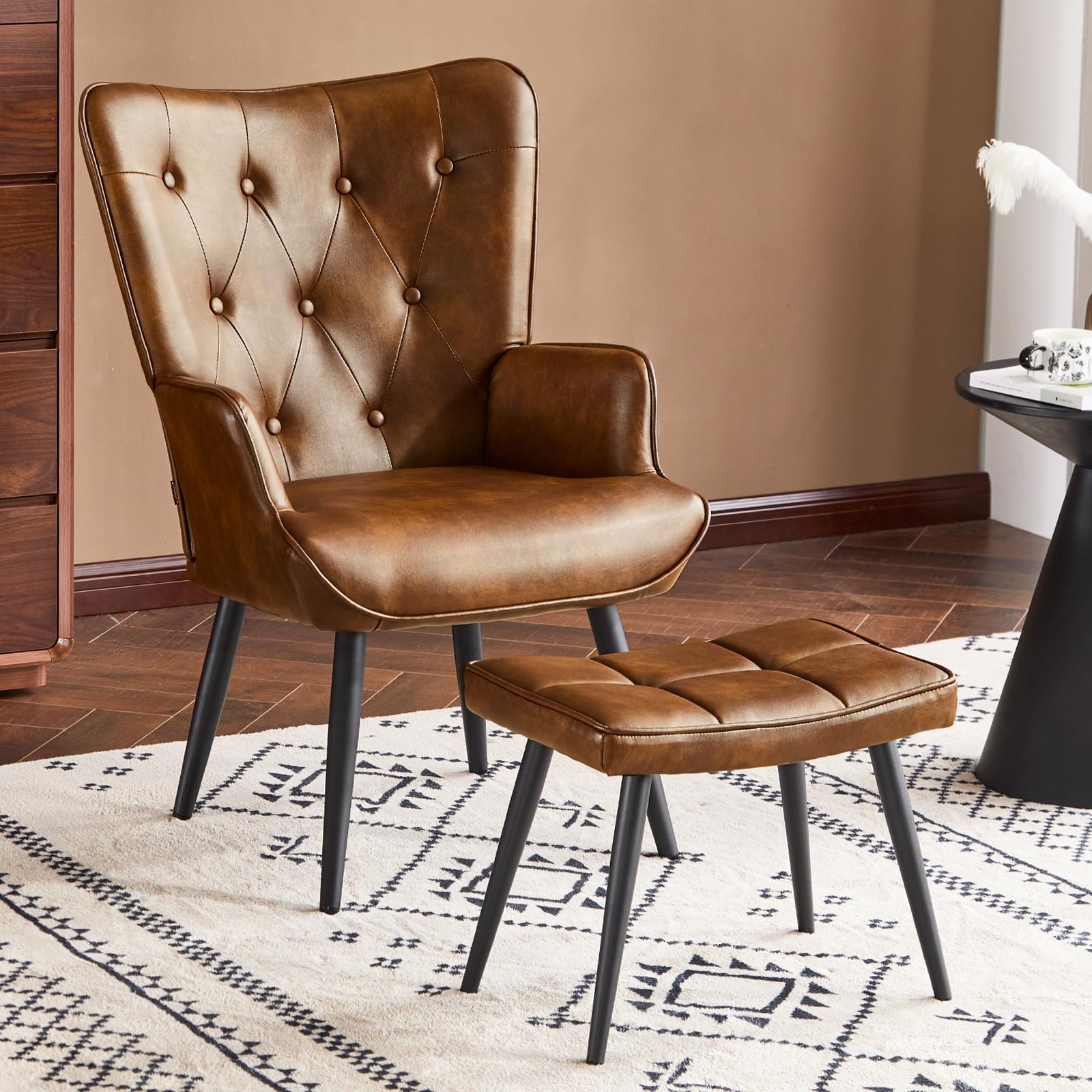 PU Leather Accent Chair with Ottoman, Upholstered Reading Chair with High Backrest, Tufted-Button Wingback Armchair for Bedroom, Dressing Room, Home Office, Brown