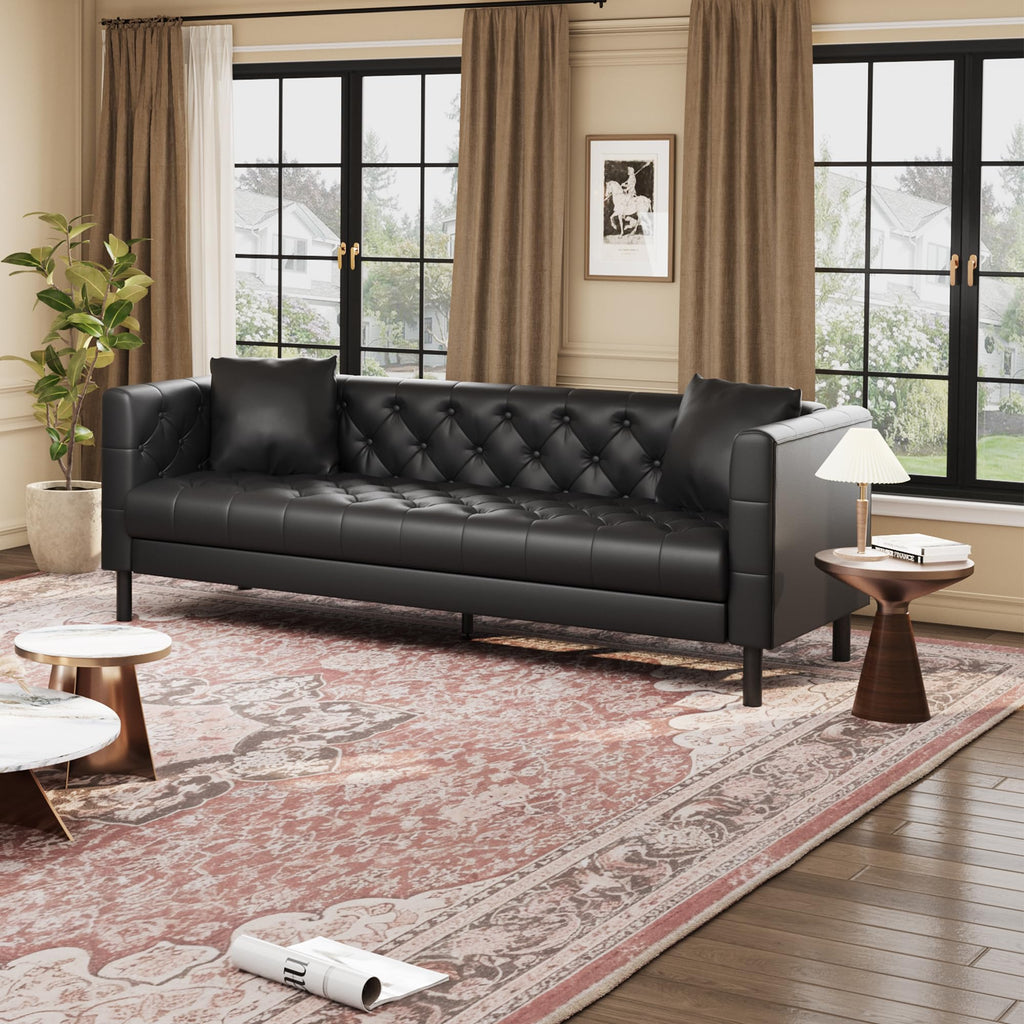 81 in Leather Couch for Living Room, Modern Leather Sofa with Deep Seat, Handmade Button Tufted 3 Seater Sofa, Chesterfield Couch for Apartment or Office, Black