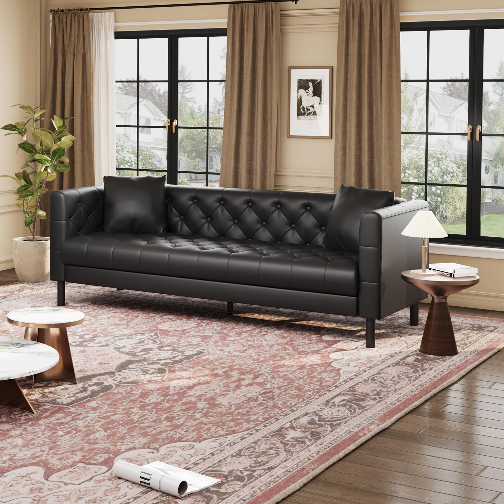 81 in Leather Couch for Living Room, Modern Leather Sofa with Deep Seat, Handmade Button Tufted 3 Seater Sofa, Chesterfield Couch for Apartment or Office, Black
