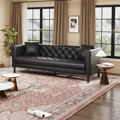 81 in Leather Couch for Living Room, Modern Leather Sofa with Deep Seat, Handmade Button Tufted 3 Seater Sofa, Chesterfield Couch for Apartment or Office, Black