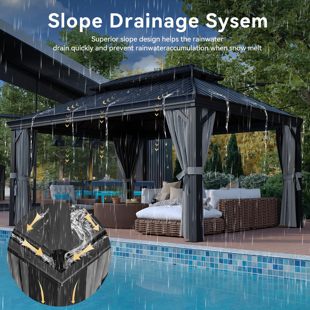 12' X 16' Permanent Hardtop Gazebo Aluminum Gazebo with Galvanized Steel Double Roof for Patio Lawn and Garden, Curtains and Netting Included, Grey