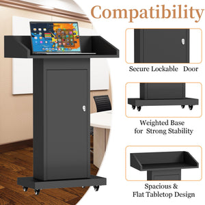 Heavy-Duty Black Metal Podium Stand with Lockable Wheels | Mobile Lectern with Storage Cabinet & Standard 44.56
