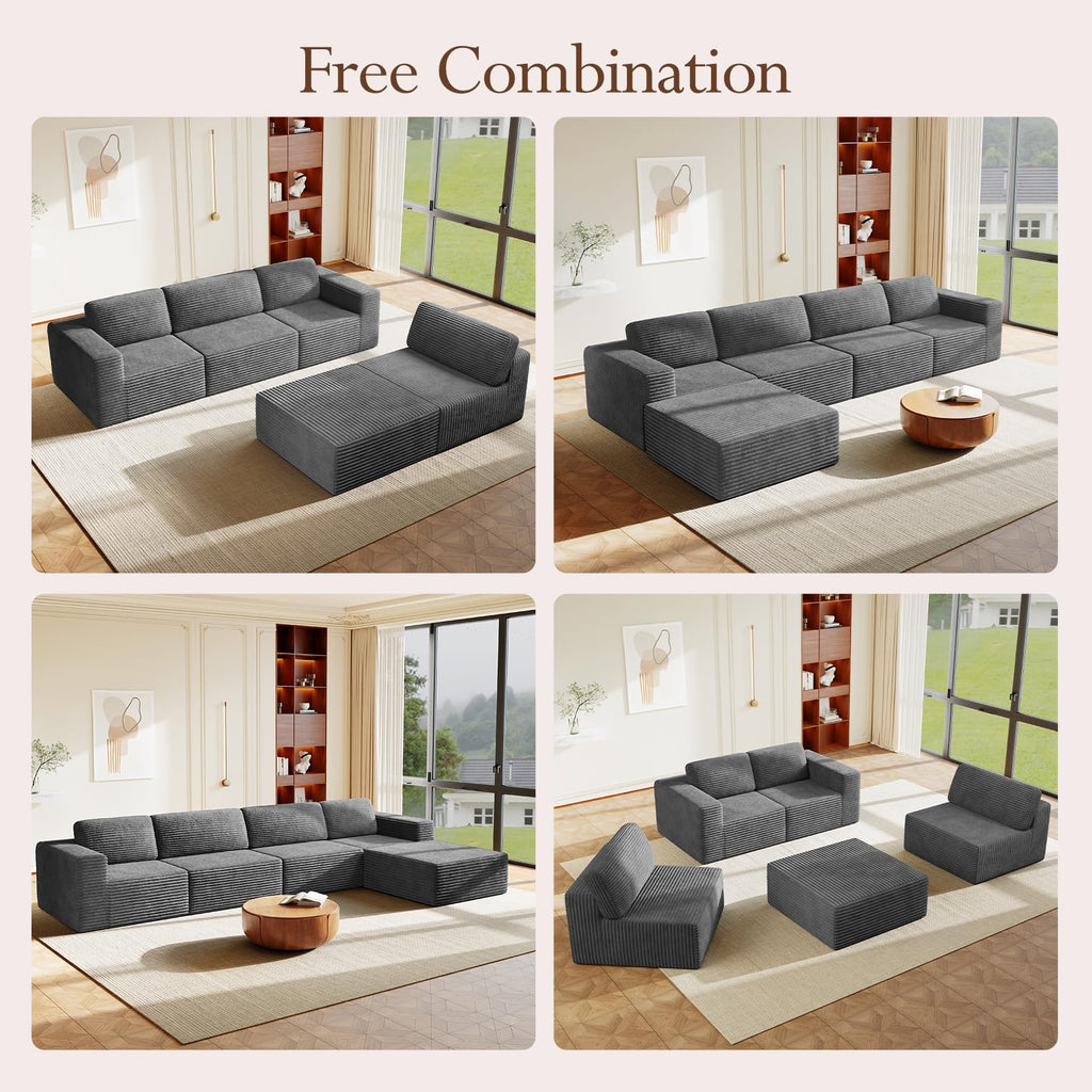 159" Large Modular Sectional Sofa, L-Shaped Corduroy Cloud Couch with Deep Seats & Spring Support, 4-Seater Boneless Sofa with Movable Ottoman, No Assembly Needed, Grey