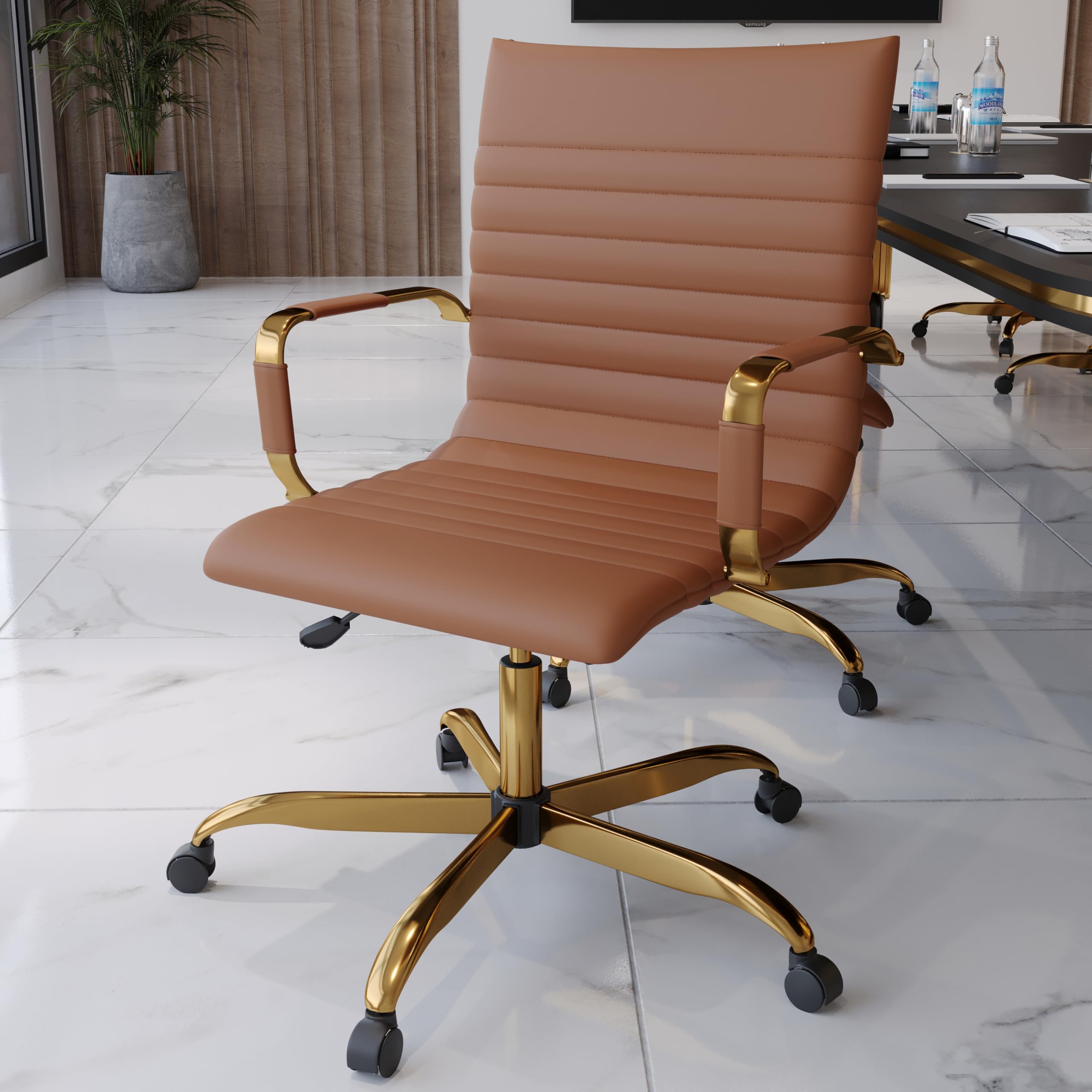 Modern Ergonomic Executive Office Chair, High-Back Leather Conference Desk Chair with Adjustable Height, Tilt Control, 360° Swivel & Gold Frame for Home Office