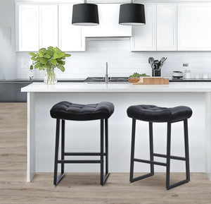 Black Bar Stools Set of 3 for Kitchen Island Counter Height Stools Modern Backless Barstools with Upholstered Faux Leather Saddle Seat and Metal Frame Industrial Bar Chairs, 24 inch
