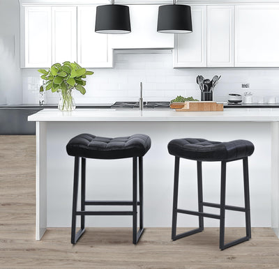 Black Bar Stools Set of 3 for Kitchen Island Counter Height Stools Modern Backless Barstools with Upholstered Faux Leather Saddle Seat and Metal Frame Industrial Bar Chairs, 24 inch