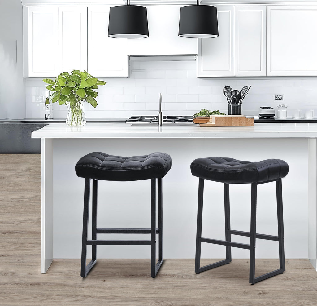 Black Bar Stools Set of 4 for Kitchen Island Counter Height Stools Modern Backless Barstools with Upholstered Faux Leather Saddle Seat and Metal Frame Industrial Bar Chairs, 24 inch