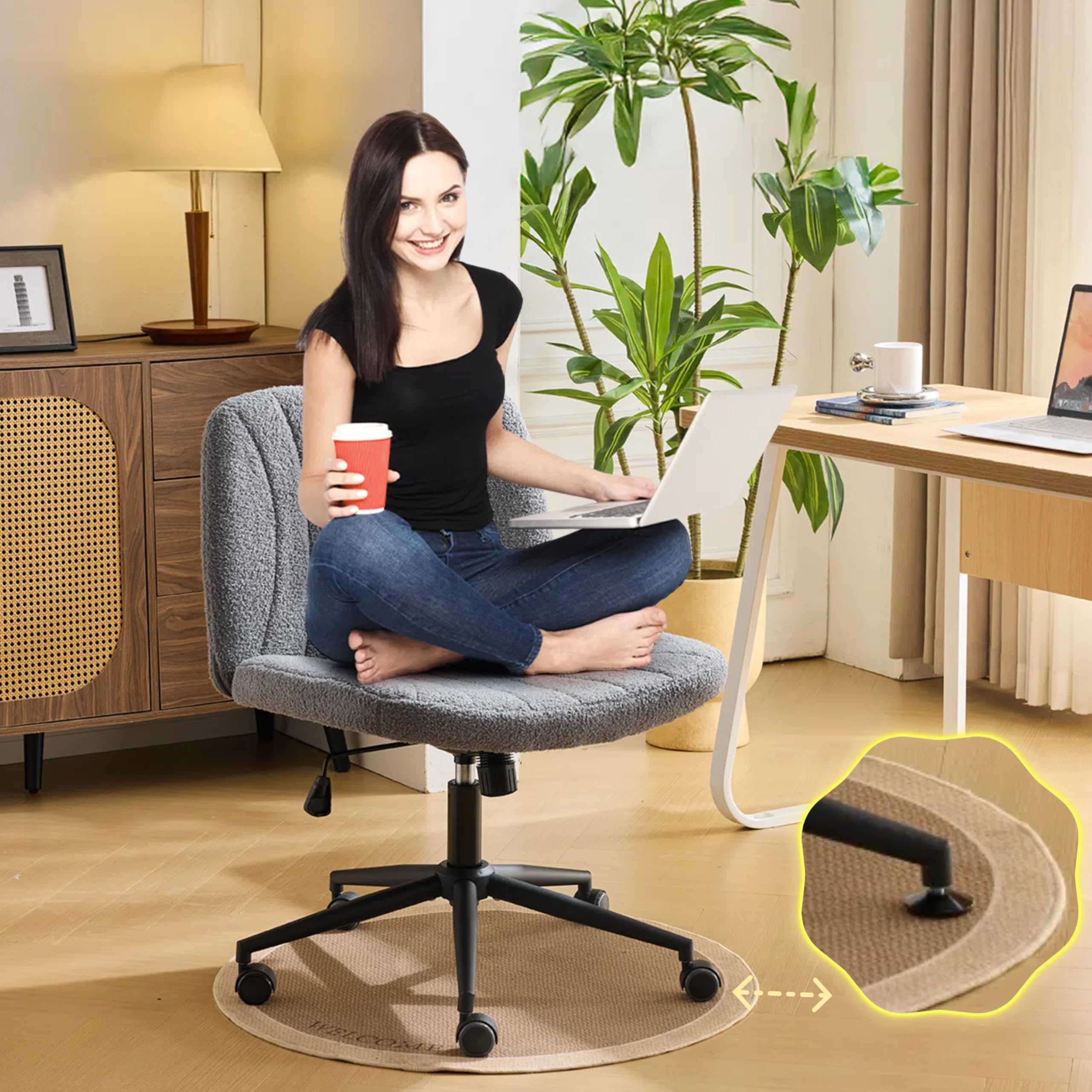Criss Cross Legged Chair,Wide Comfy Office Desk Chair,Dual-Use with/no Wheels Computer Task Chair,Swivel Armless Vanity Boucle Chair for Study,Make Up,Home Office,Teddy Fleece,Dark Grey