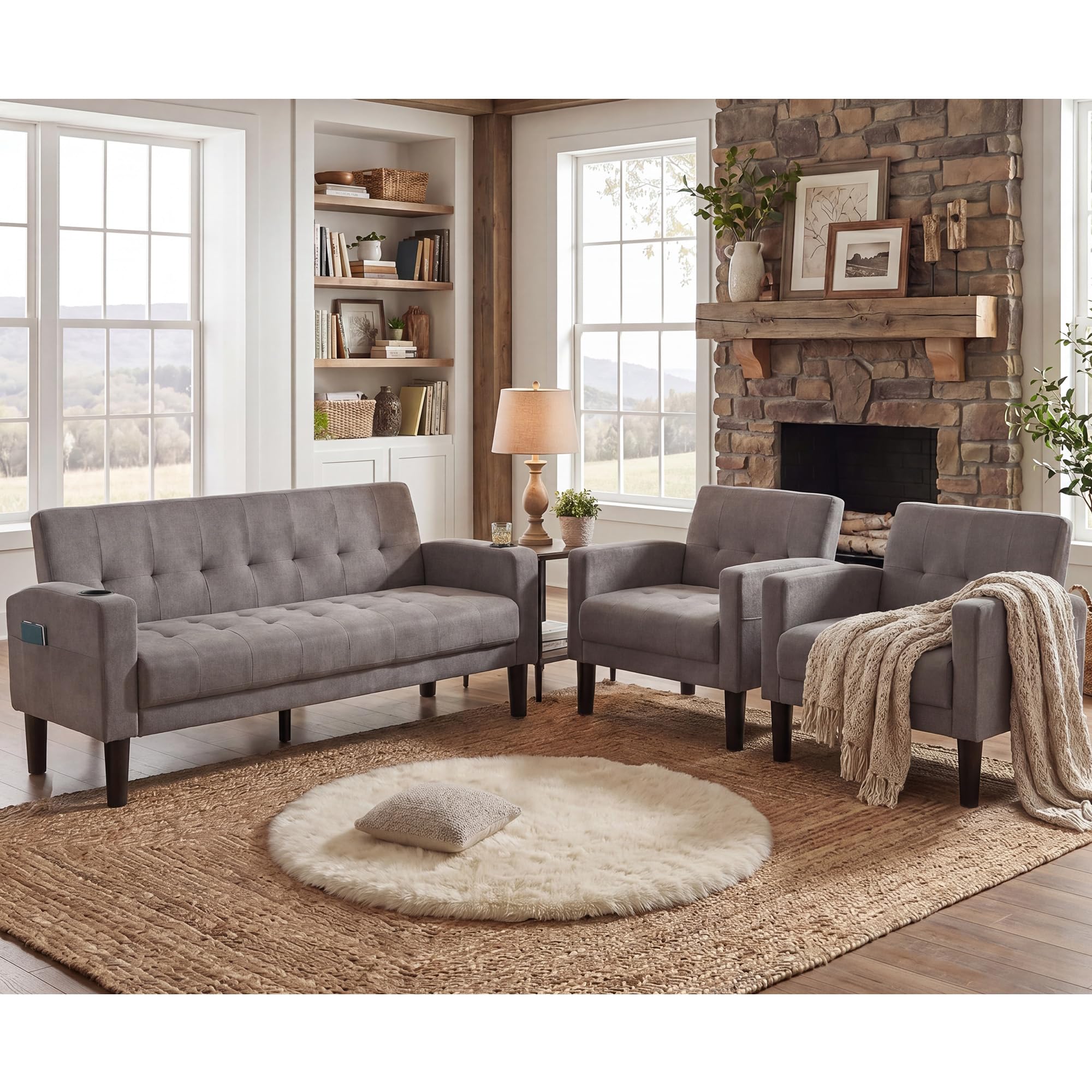Sofa Couch, Living Room Furniture Sectional Sofa Sets 3 Pcs, Tufted Mid-Century Loveseat w/USB, Cupholders & Comfy Single Sofa for Small Space, Apartment, Office (Light Grey)