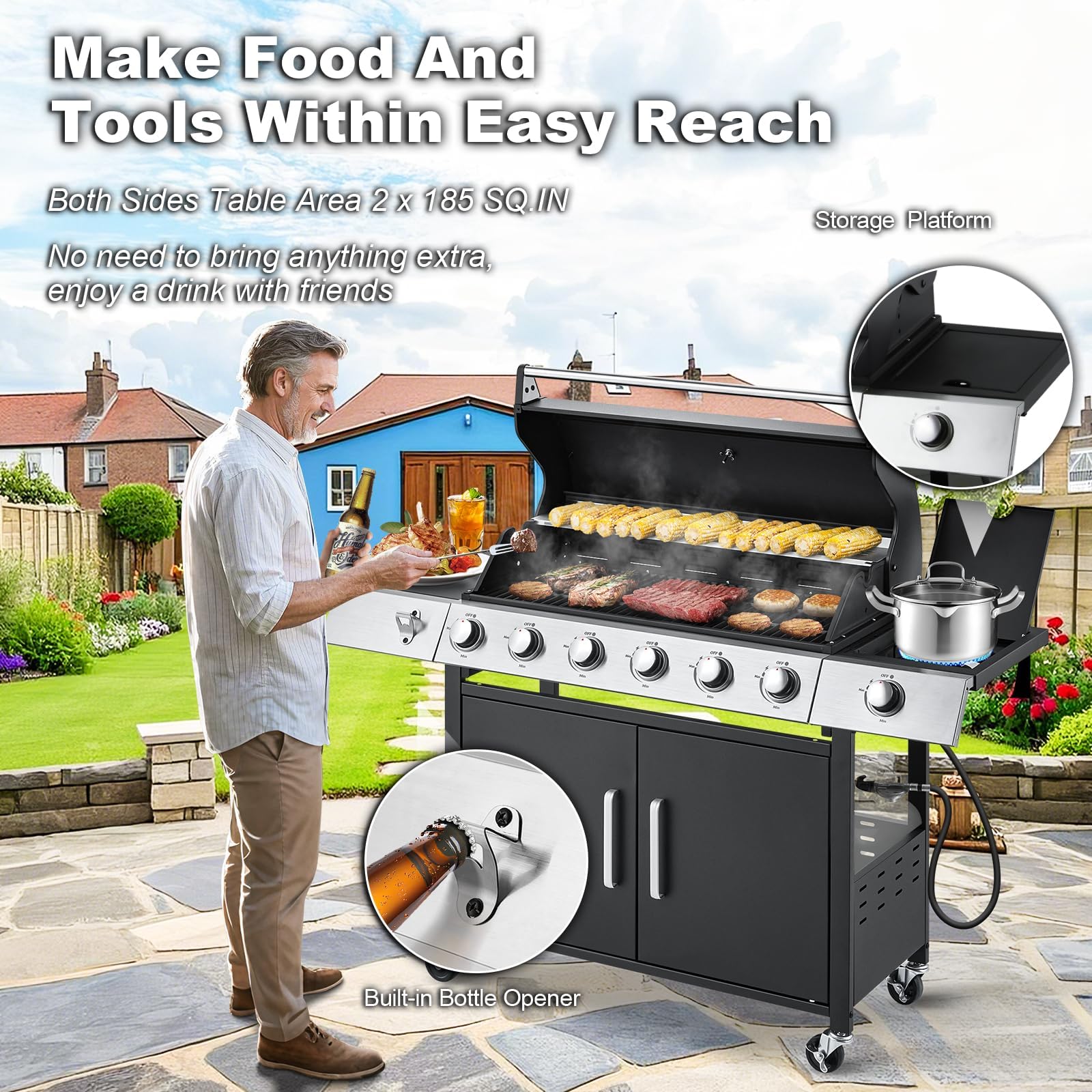 Upgraded 60,000 BTU Stainless Steel Burner Barbecue Grill, 6 Burner BBQ Propane Gas Grill with Side Stove & Cast Iron Grates for Patio, Camping, Outdoor Cooking
