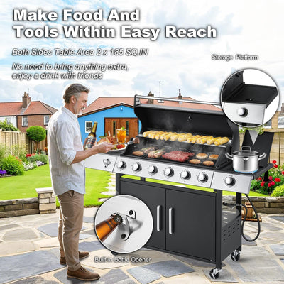 Upgraded 60,000 BTU Stainless Steel Burner Barbecue Grill, 6 Burner BBQ Propane Gas Grill with Side Stove & Cast Iron Grates for Patio, Camping, Outdoor Cooking