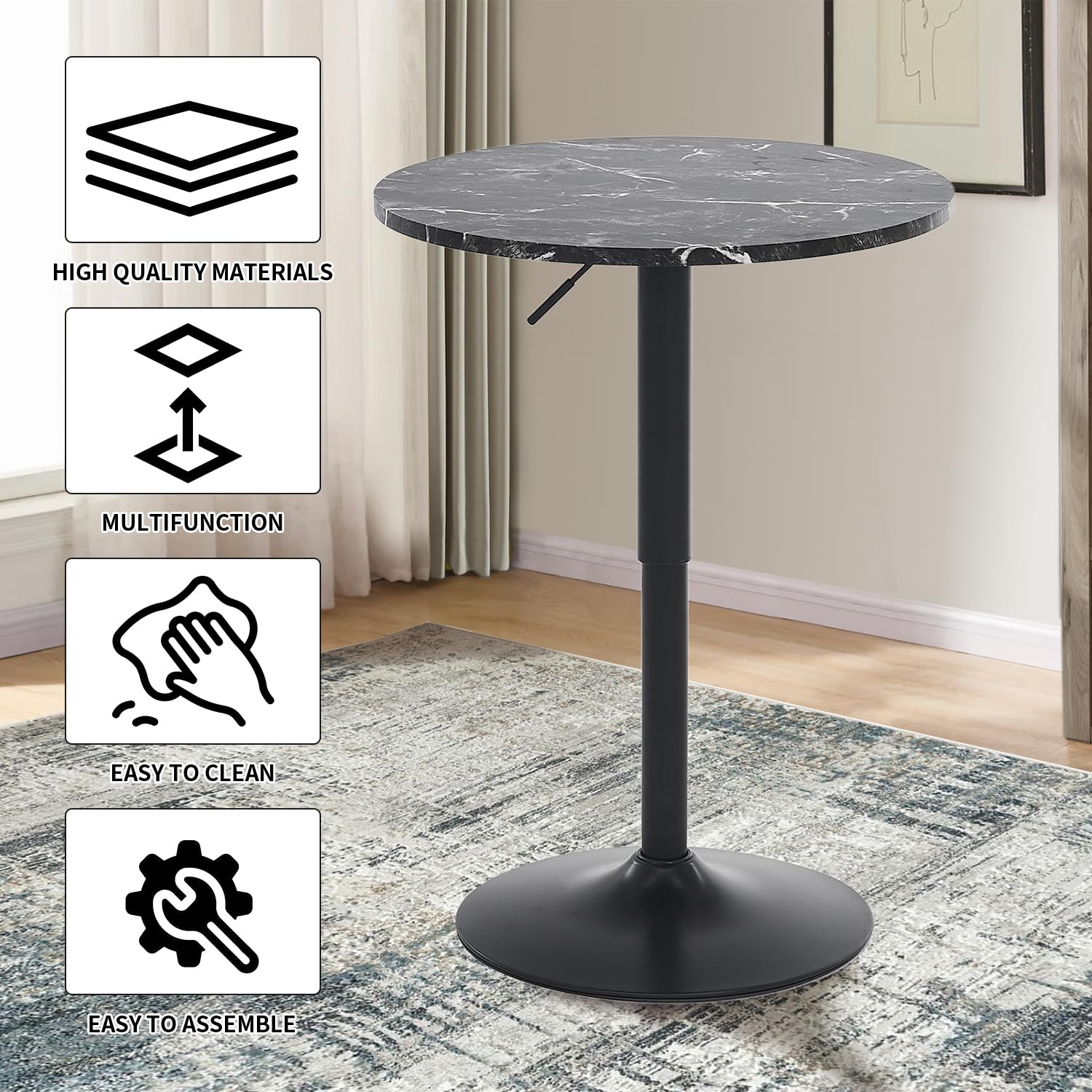 23.6" Round Bar Table, Adjustable Height Bar Table, MDF Top with Metal Pole Support and Base, Cocktail Tables, Bistro Pub Tables, Suitable for Cafe, Kitchen Island, Bar Counter, Black