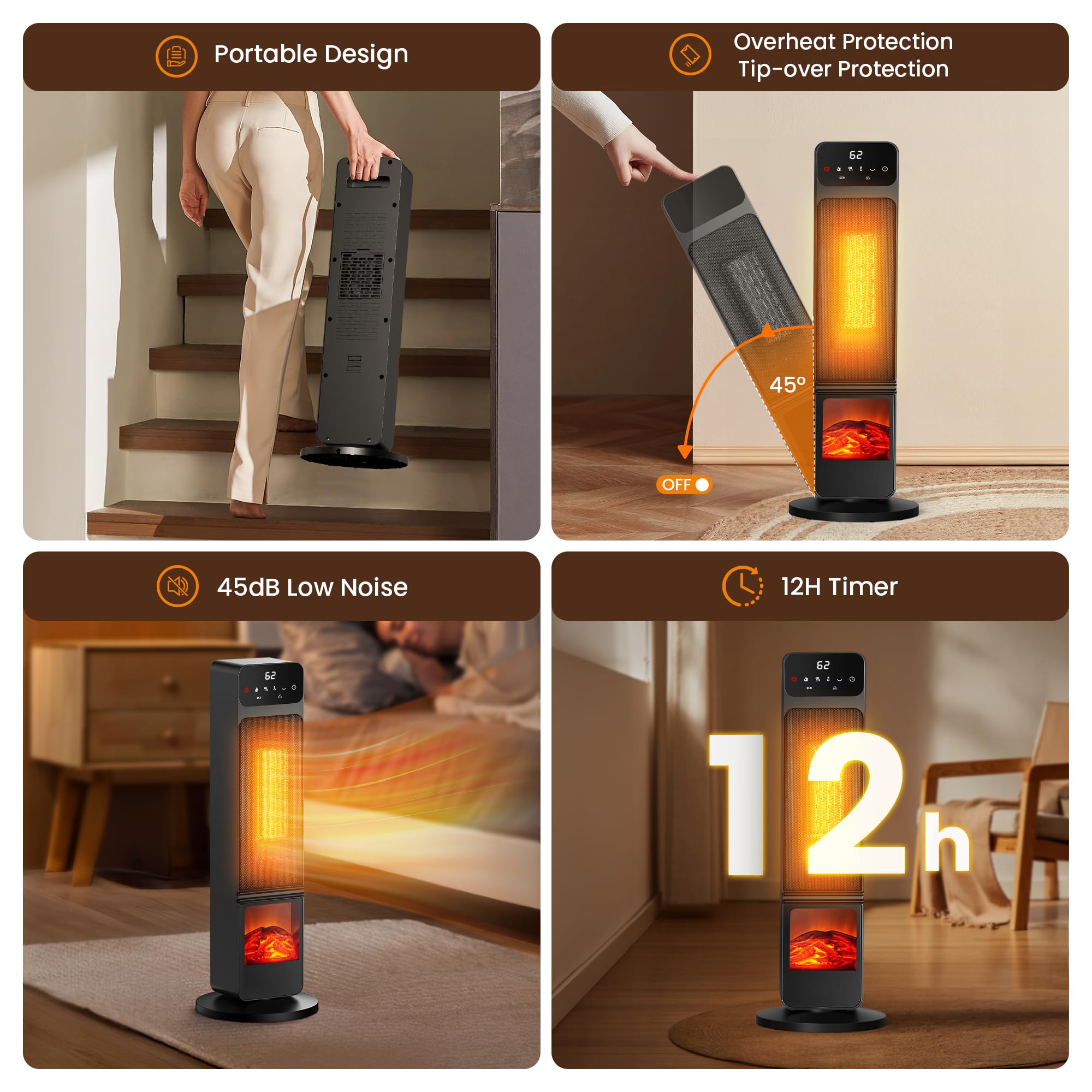 Tower Heaters for Indoor Use, 750W / 1500W Electric Fireplace Heater W / 3D Flame, Heater and Fan Combo 90° Oscillation, Child Lock & Eco Mode, 12h Timer, Remote Control, Home & Office